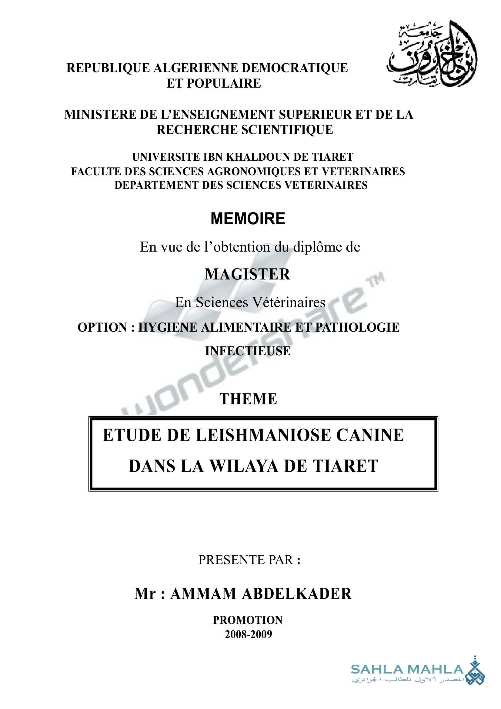 ETUDE DE LEISHMANIOSE CANINE DANS LA WILAYA DE TIARET