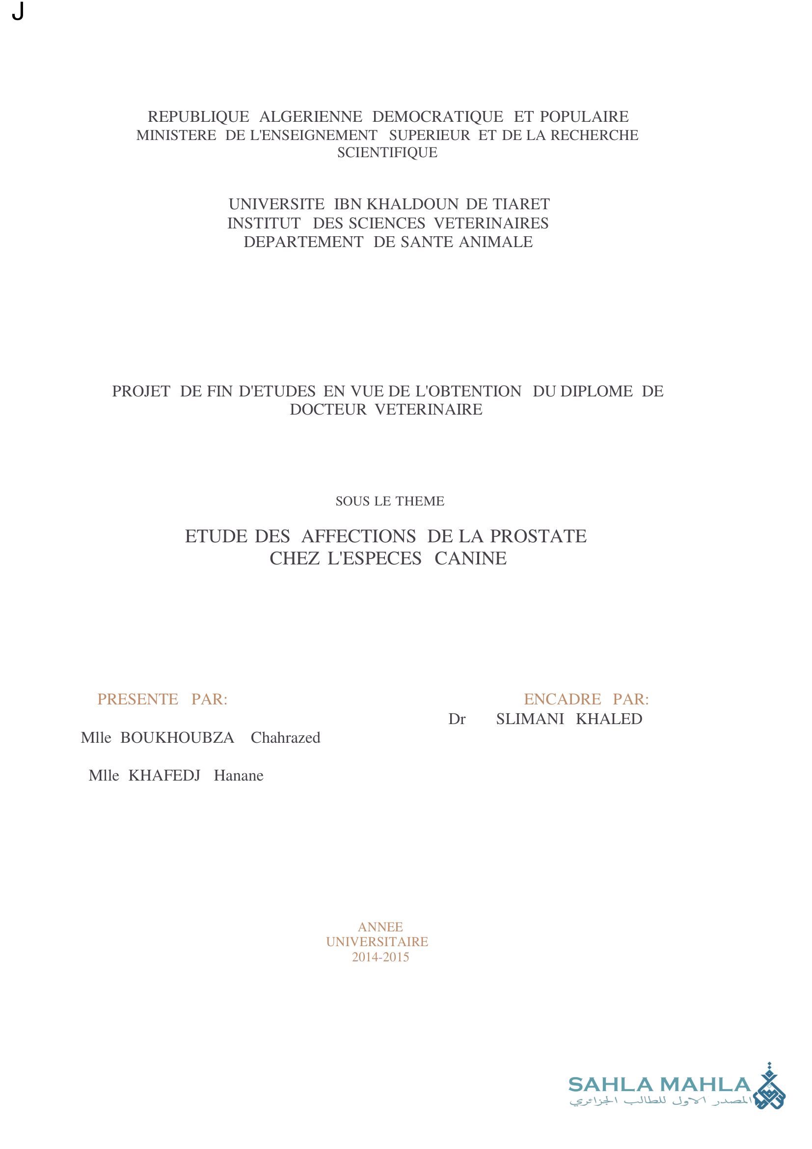 ETUDE DES AFFECTIONS DE LA PROSTATE CHEZ L'ESPECES CANINE