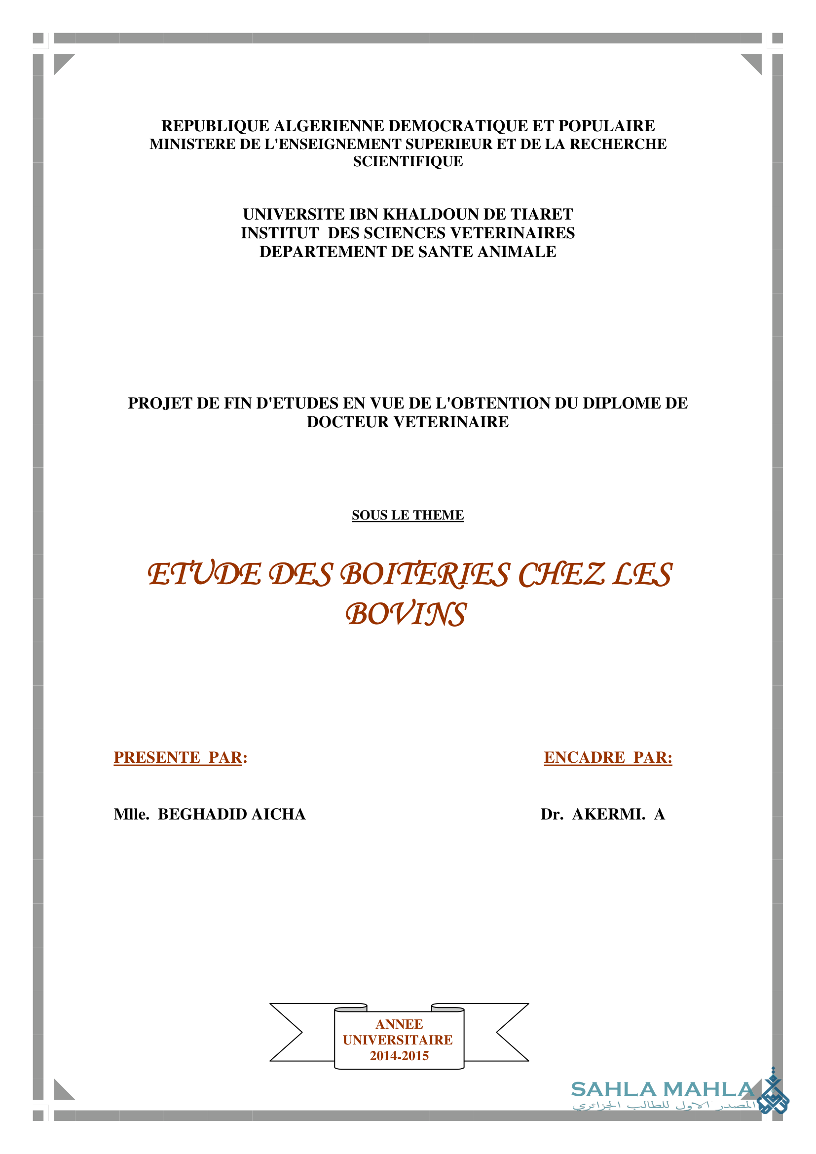 ETUDE DES BOITERIES  CHEZ LES BOVINS