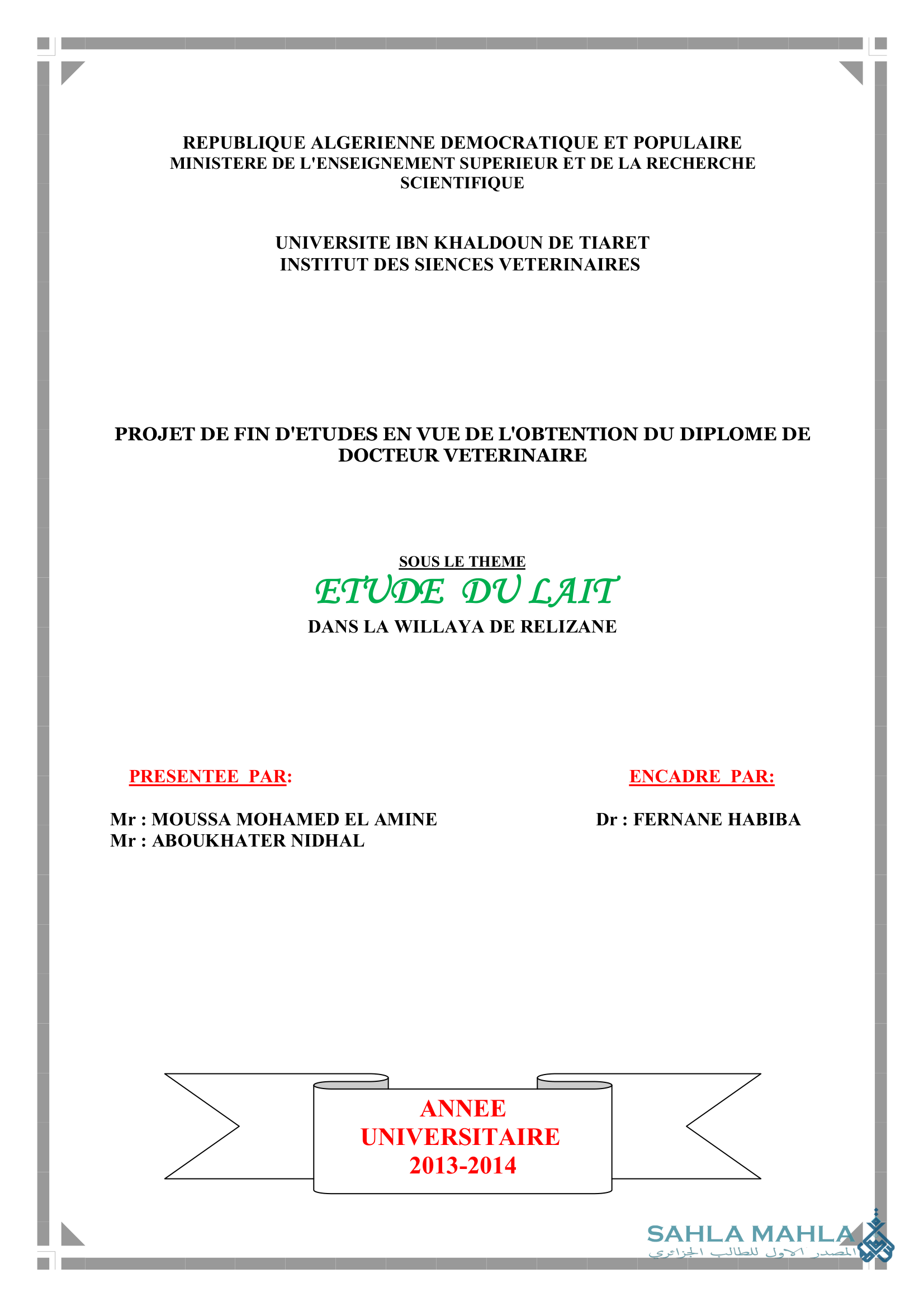 ETUDE DU LAIT DANS LA WILLAYA DE RELIZANE