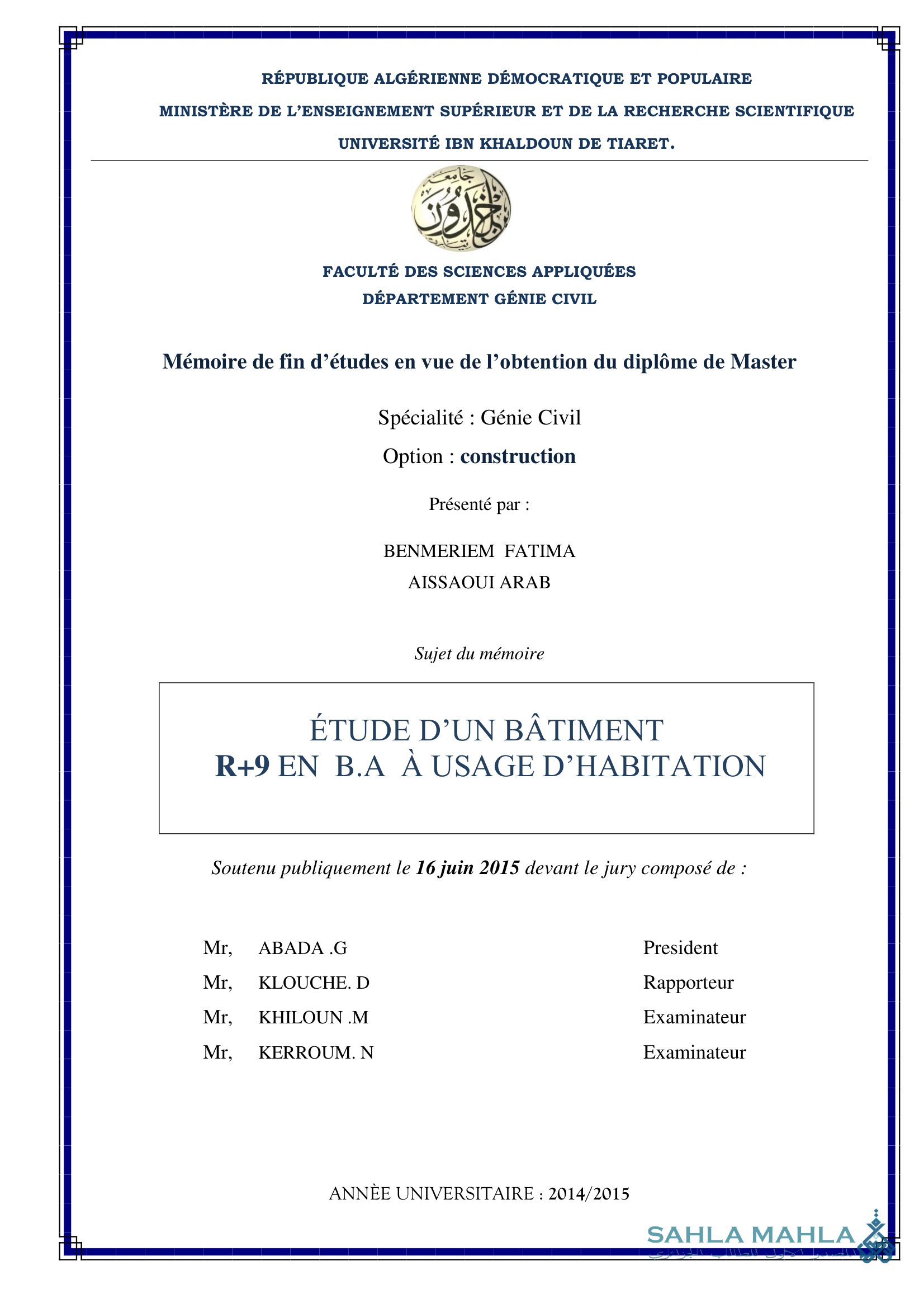 ÉTUDE D'UN BÂTIMENT R+9 EN B.A À USAGE D'HABITATION