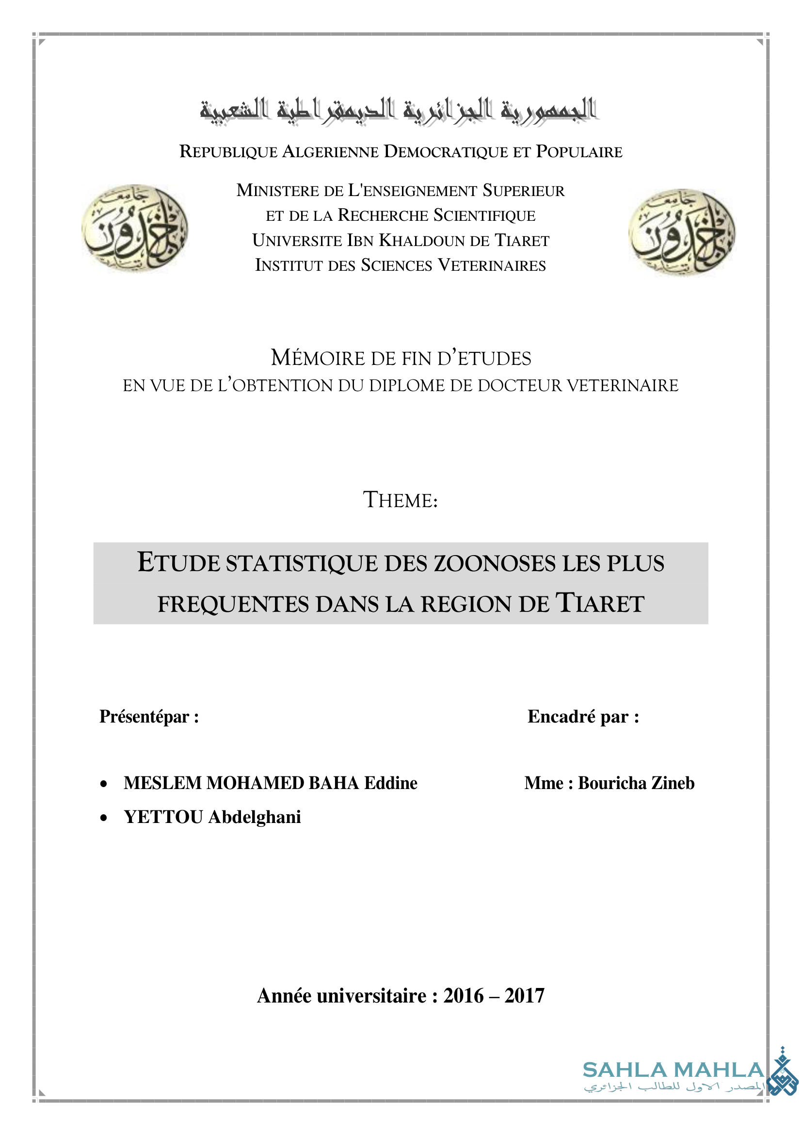 ETUDE STATISTIQUE DES ZOONOSES LES PLUS FREQUENTES DANS LA REGION DE TIARET