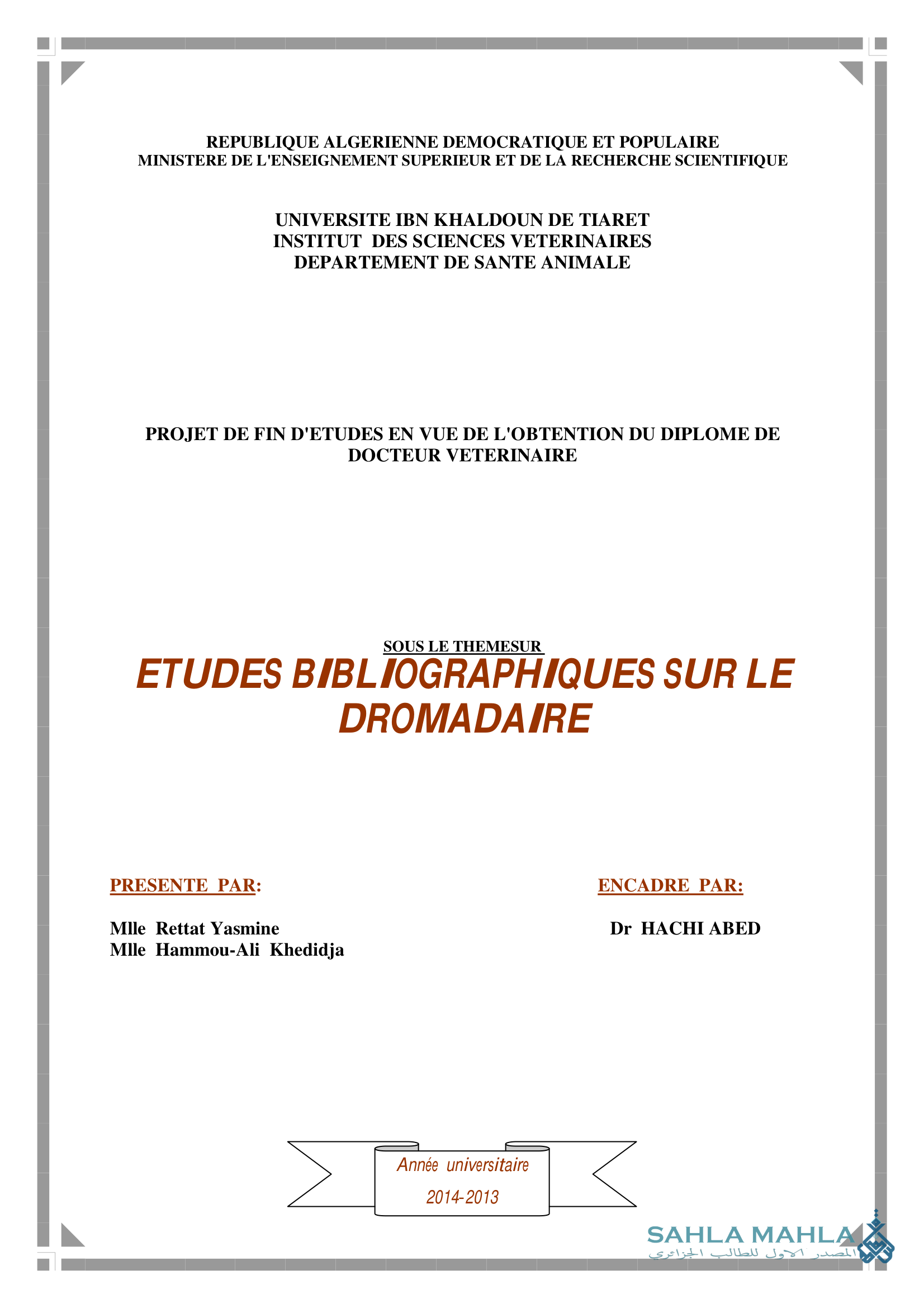 ETUDES BIBLIOGRAPHIQUES SUR LE DROMADAIRE