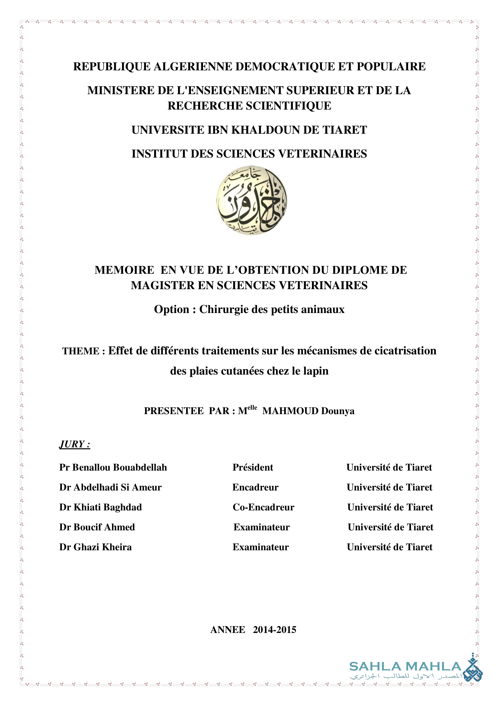 Effet de différents traitements sur les mécanismes de cicatrisation des plaies cutanées chez le lapin