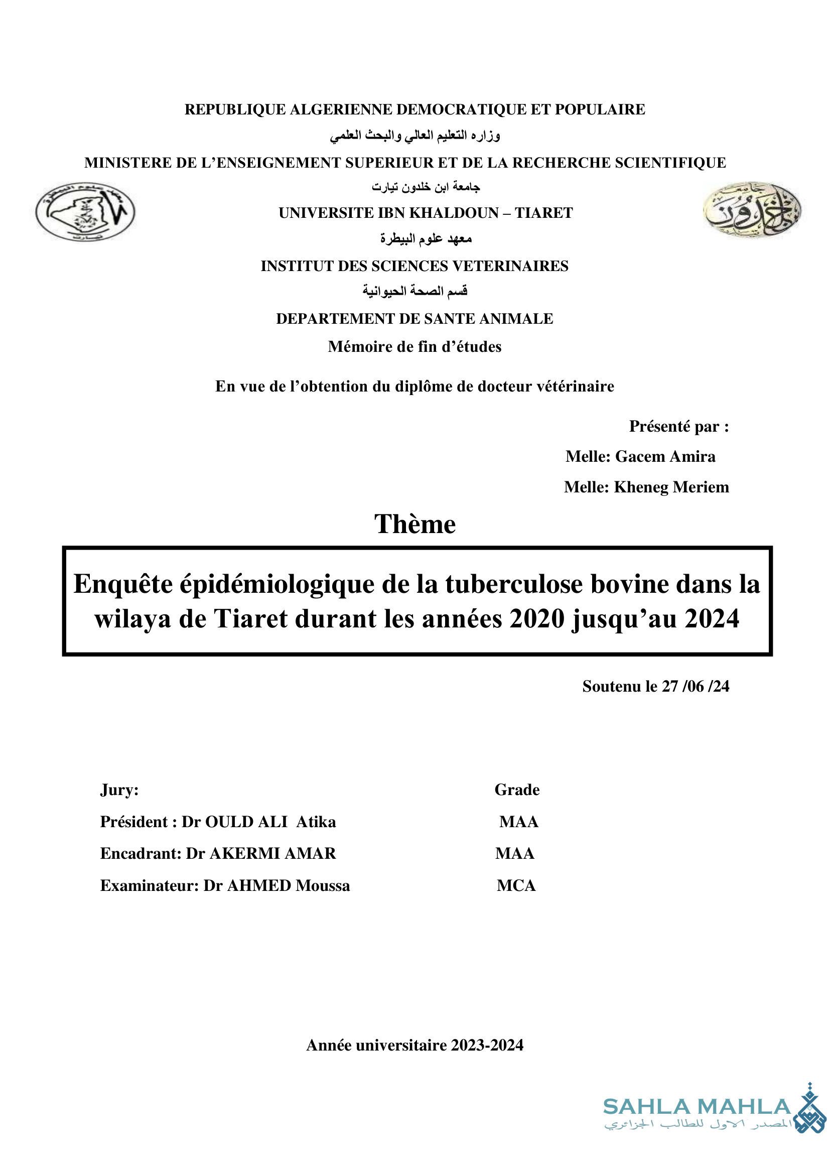 Enquête épidémiologique de la tuberculose bovine dans la wilaya de Tiaret durant les années 2020 jusqu'au 2024