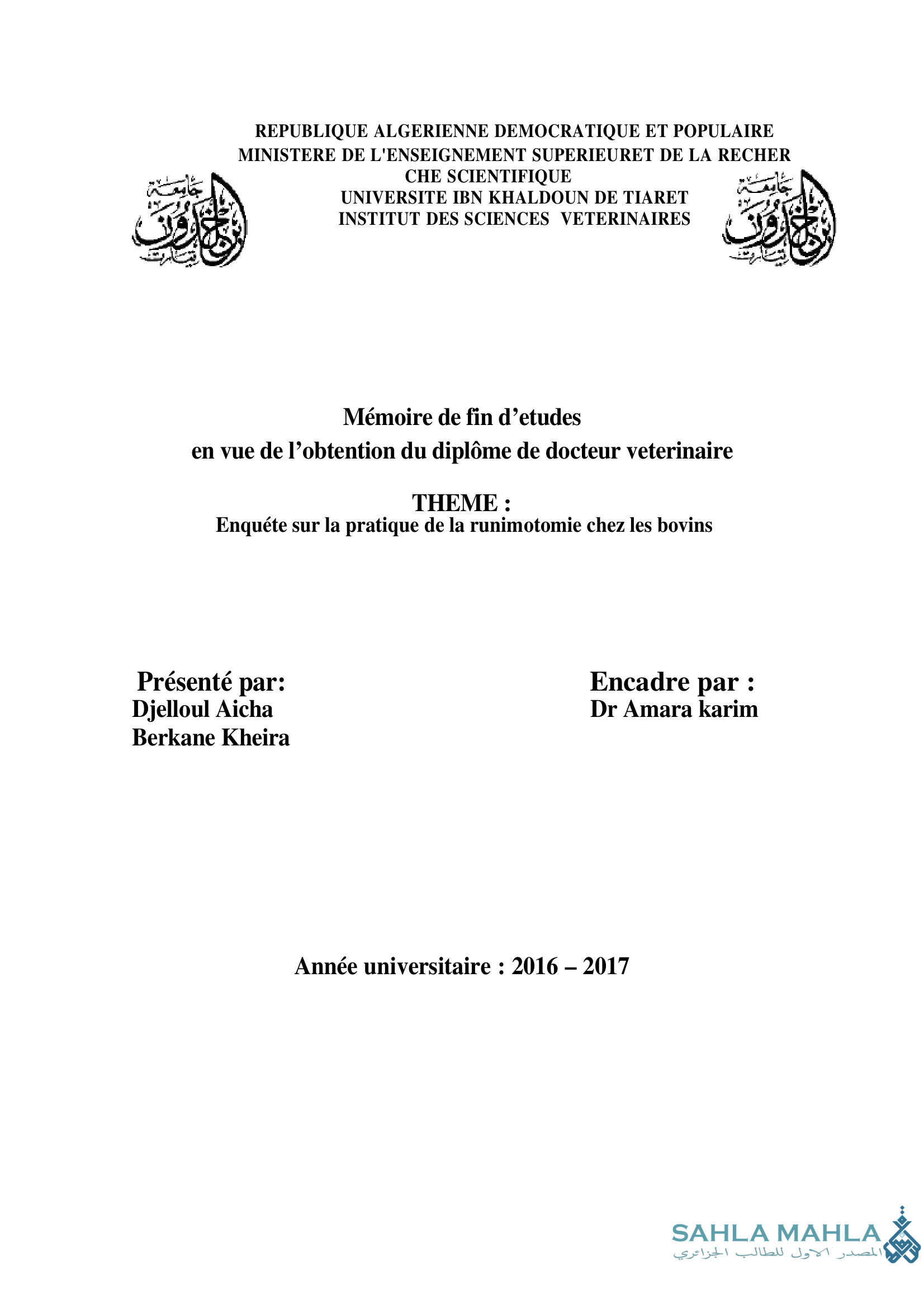 Enquéte sur la pratique de la runimotomie chez les bovins