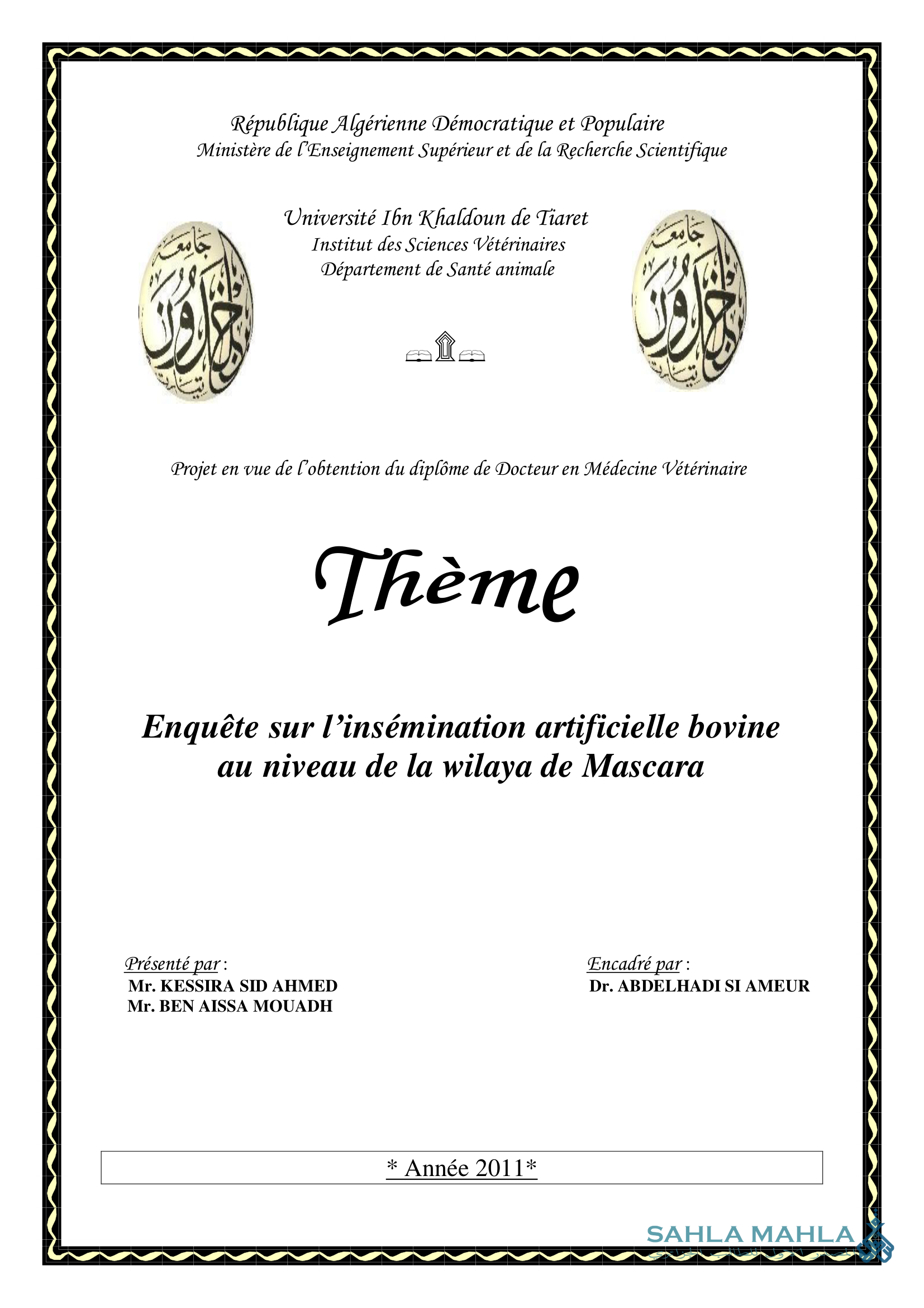 Enquête sur l'insémination artificielle bovine (au niveau de la wilaya de Mascara)