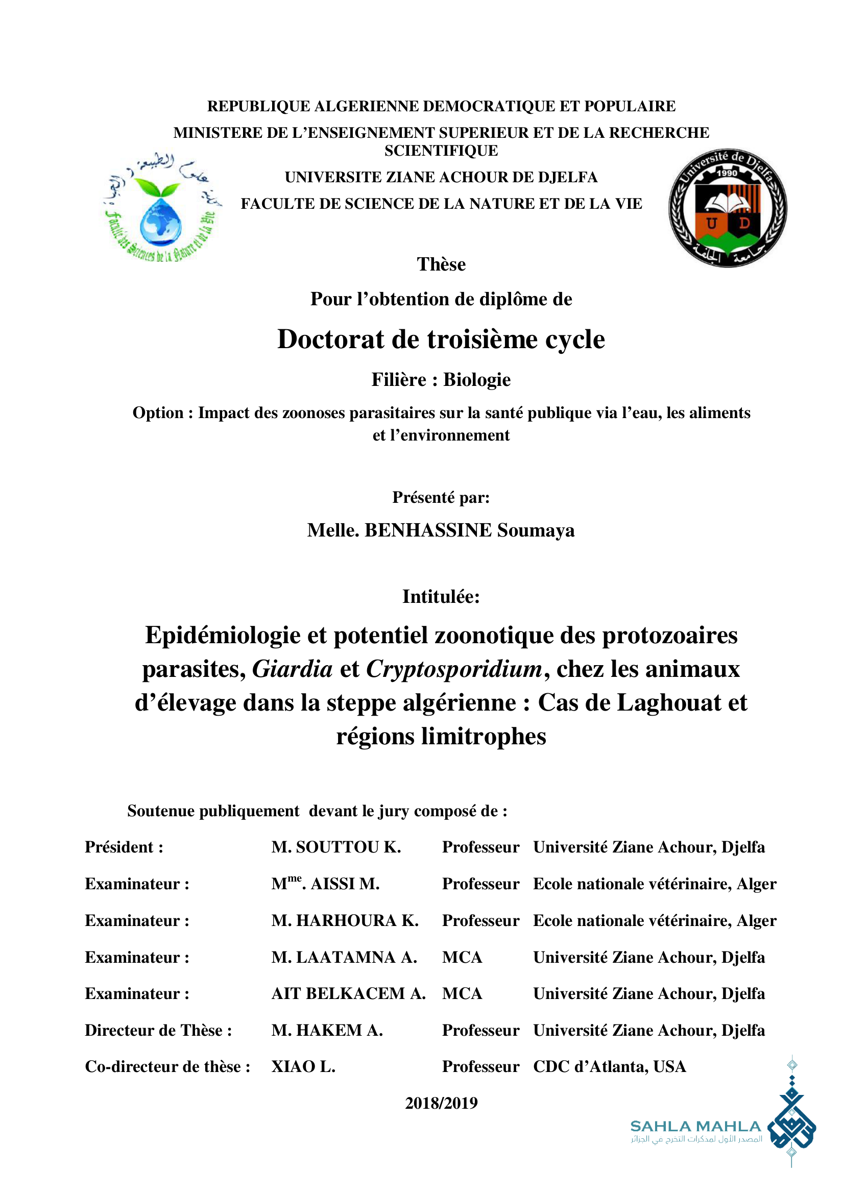 Epidémiologie et potentiel zoonotique des protozoaires parasites, Giardia et Cryptosporidium, chez les animaux d'élevage dans la steppe algérienne : Cas de Laghouat et régions limitrophes