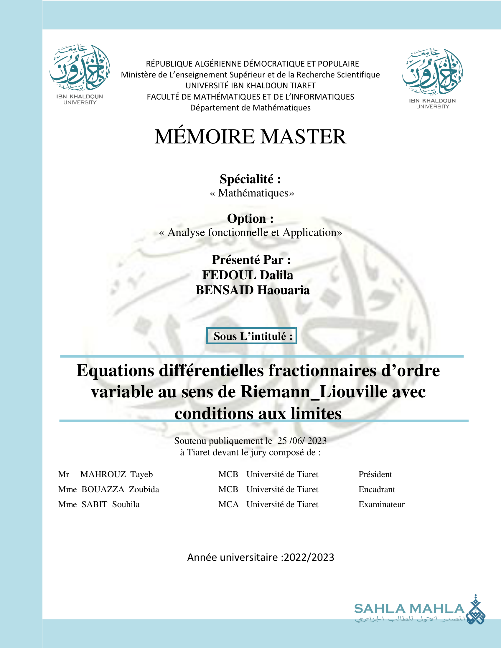 Equations différentielles fractionnaires d'ordre variable au sens de Riemann Liouville avec conditions aux limites