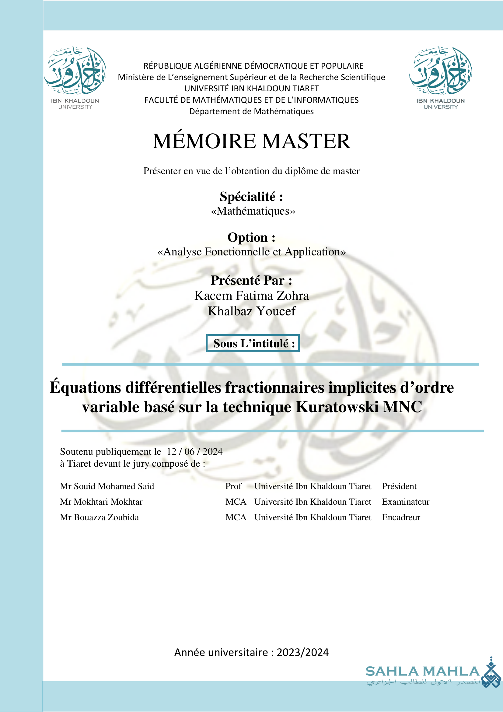 Équations différentielles fractionnaires implicites d'ordre variable basé sur la technique Kuratowski MNC