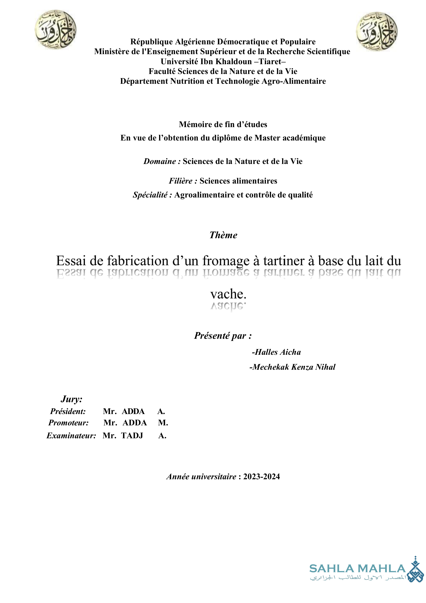 Essai de fabrication d'un fromage à tartiner à base du lait du vache.