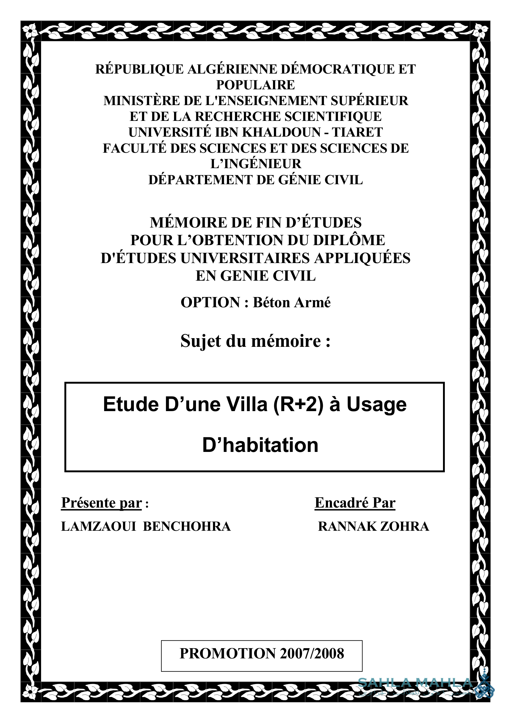 Etude D'une Villa (R+2) à Usage D'habitation