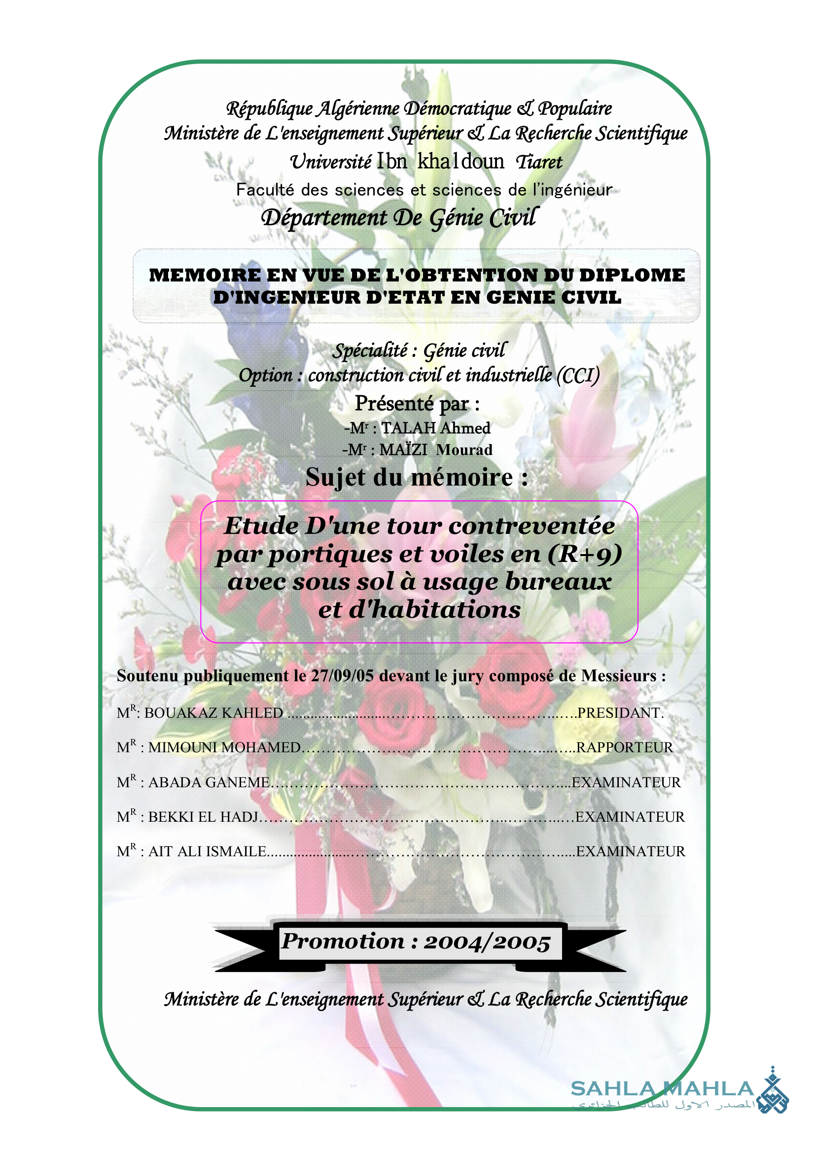 Etude D'une tour contreventée par portiques et voiles en (R+9) avec sous sol à usage bureaux et d'habitations