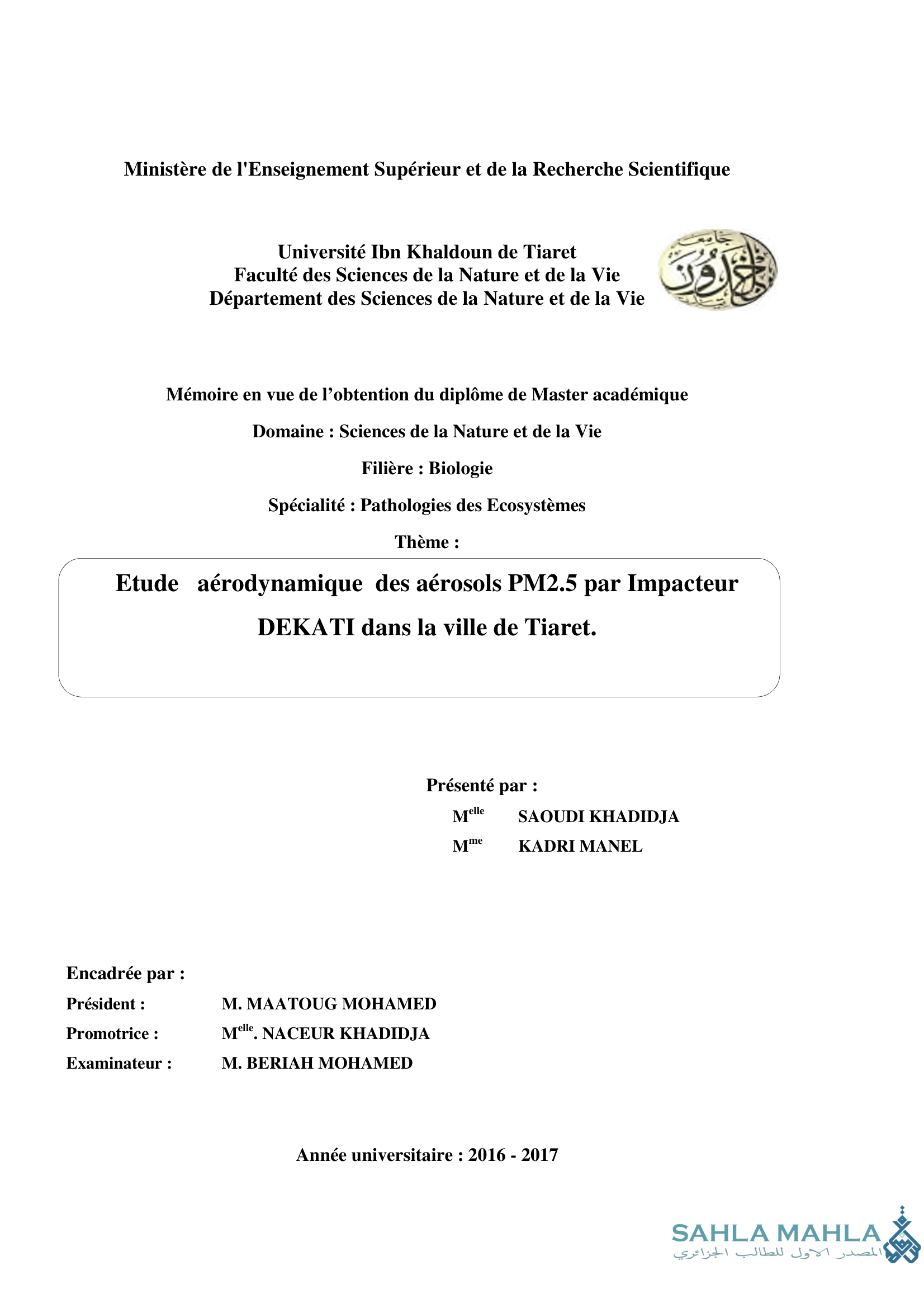 Etude aérodynamique des aérosols PM2.5 par Impacteur DEKATI dans la ville de Tiaret.