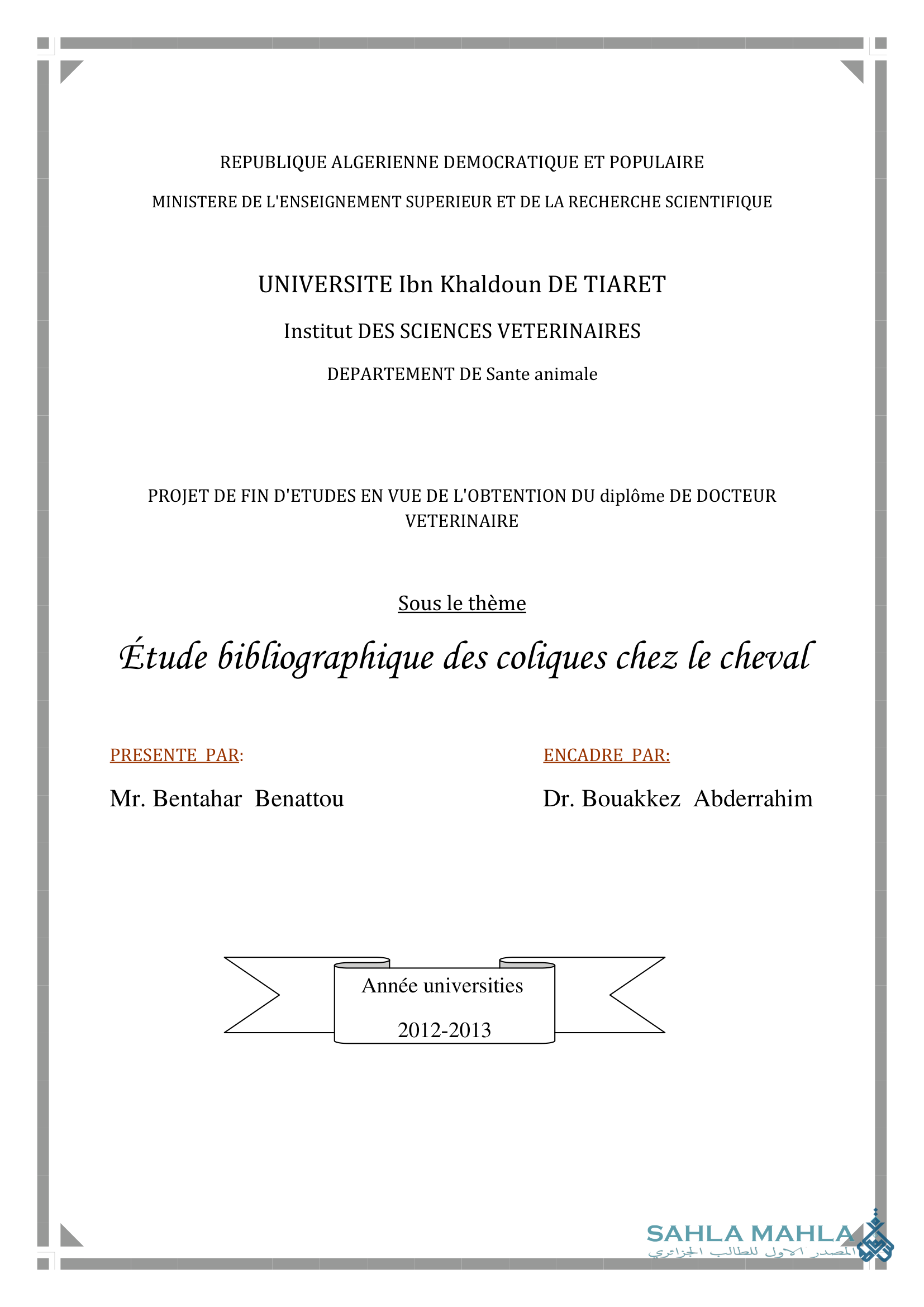 Étude bibliographique des coliques chez le cheval