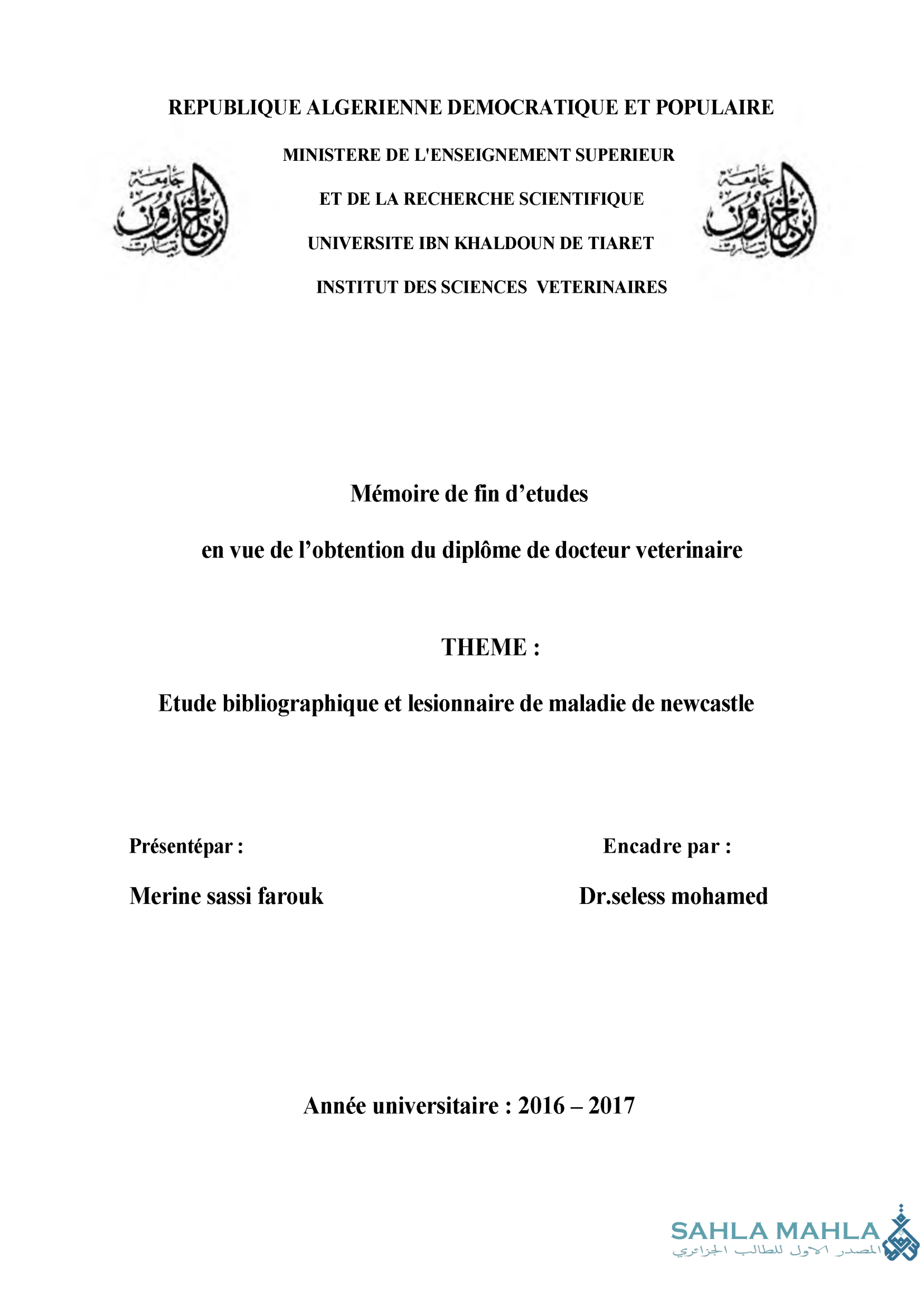 Etude bibliographique et lesionnaire de maladie de newcastle