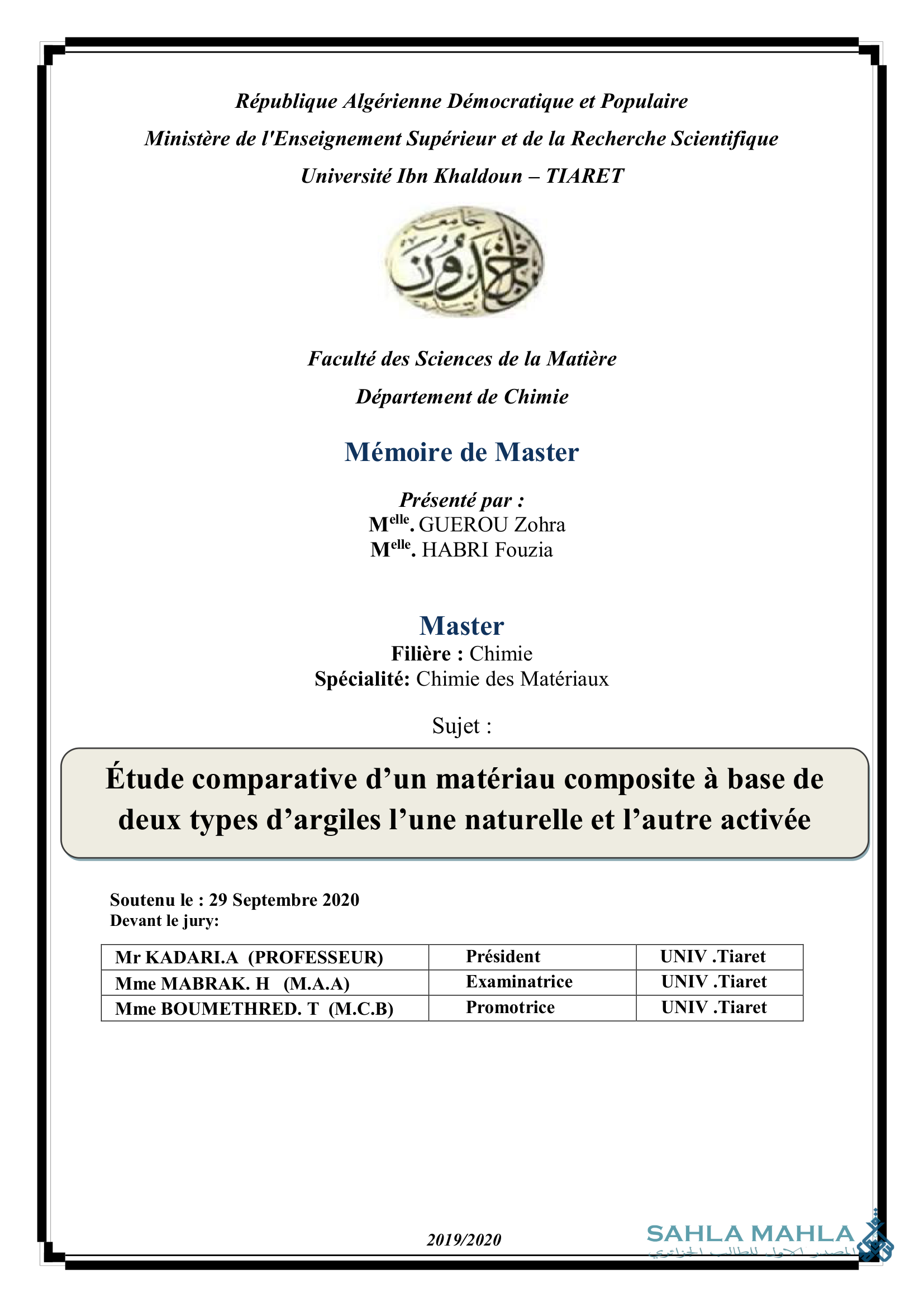 Étude comparative d'un matériau composite à base de deux types d'argiles l'une naturelle et l'autre activée