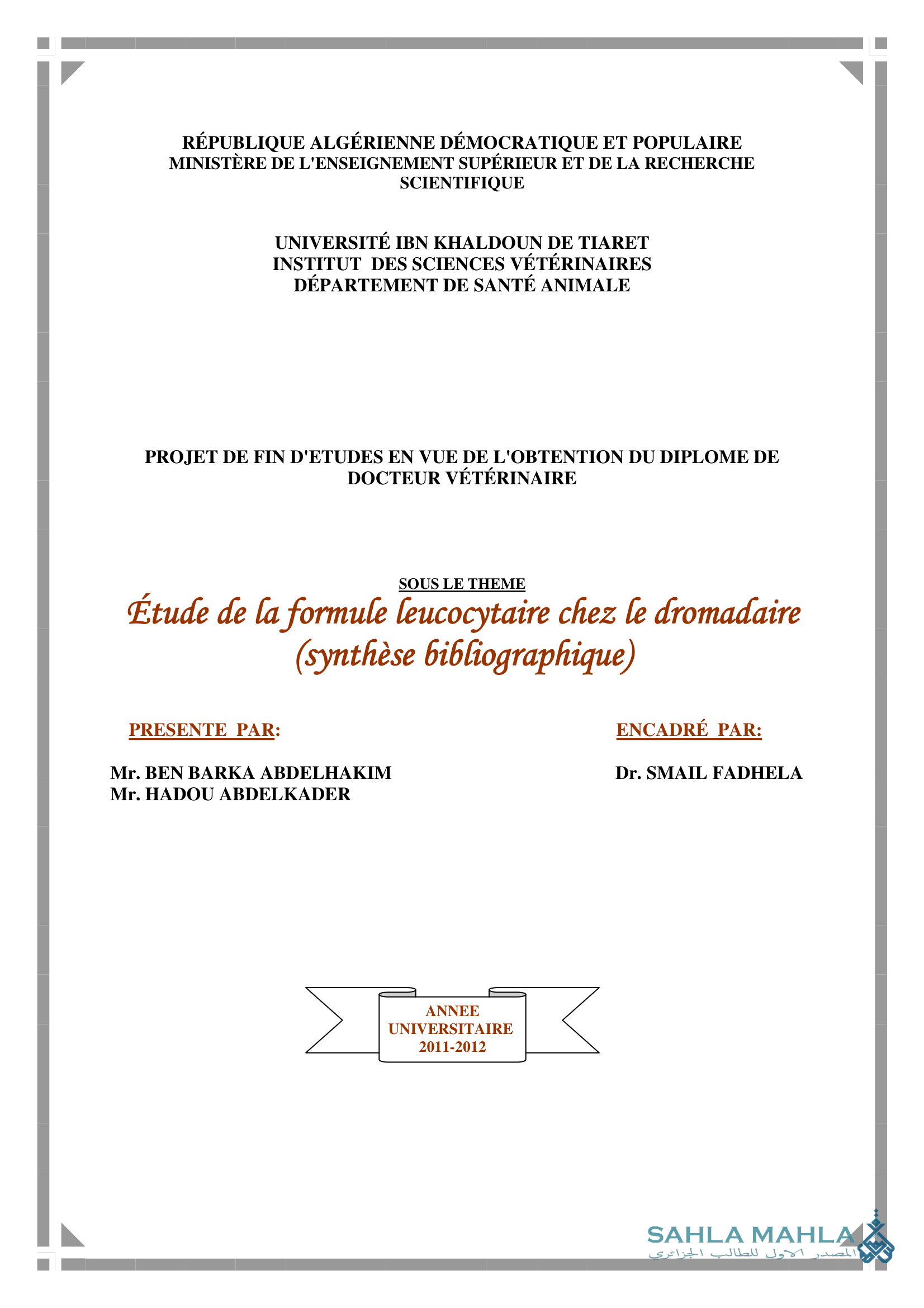 Étude de la formule leucocytaire chez le dromadaire (synthèse bibliographique)