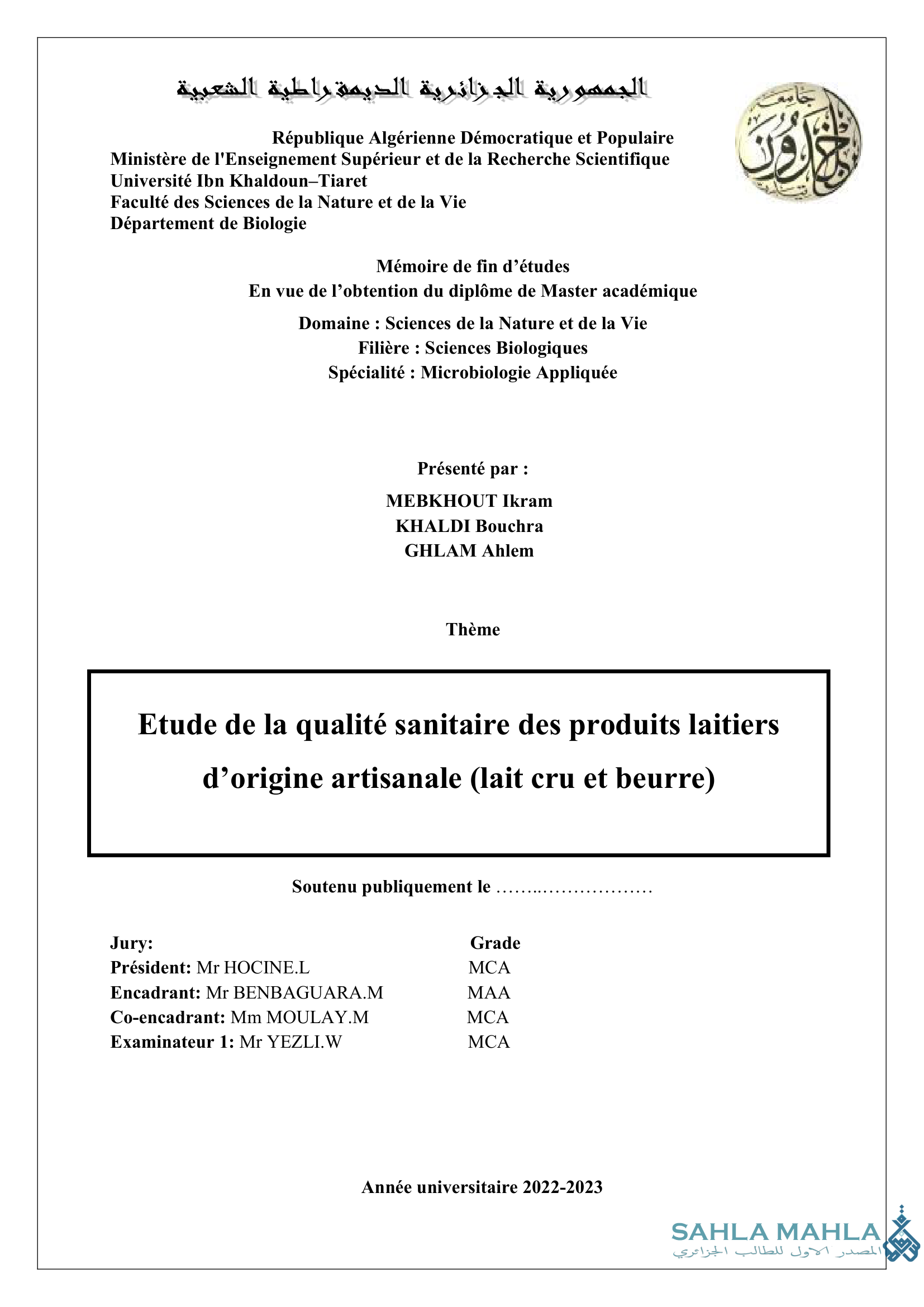 Etude de la qualité sanitaire des produits laitiers d'origine artisanale (lait cru et beurre)