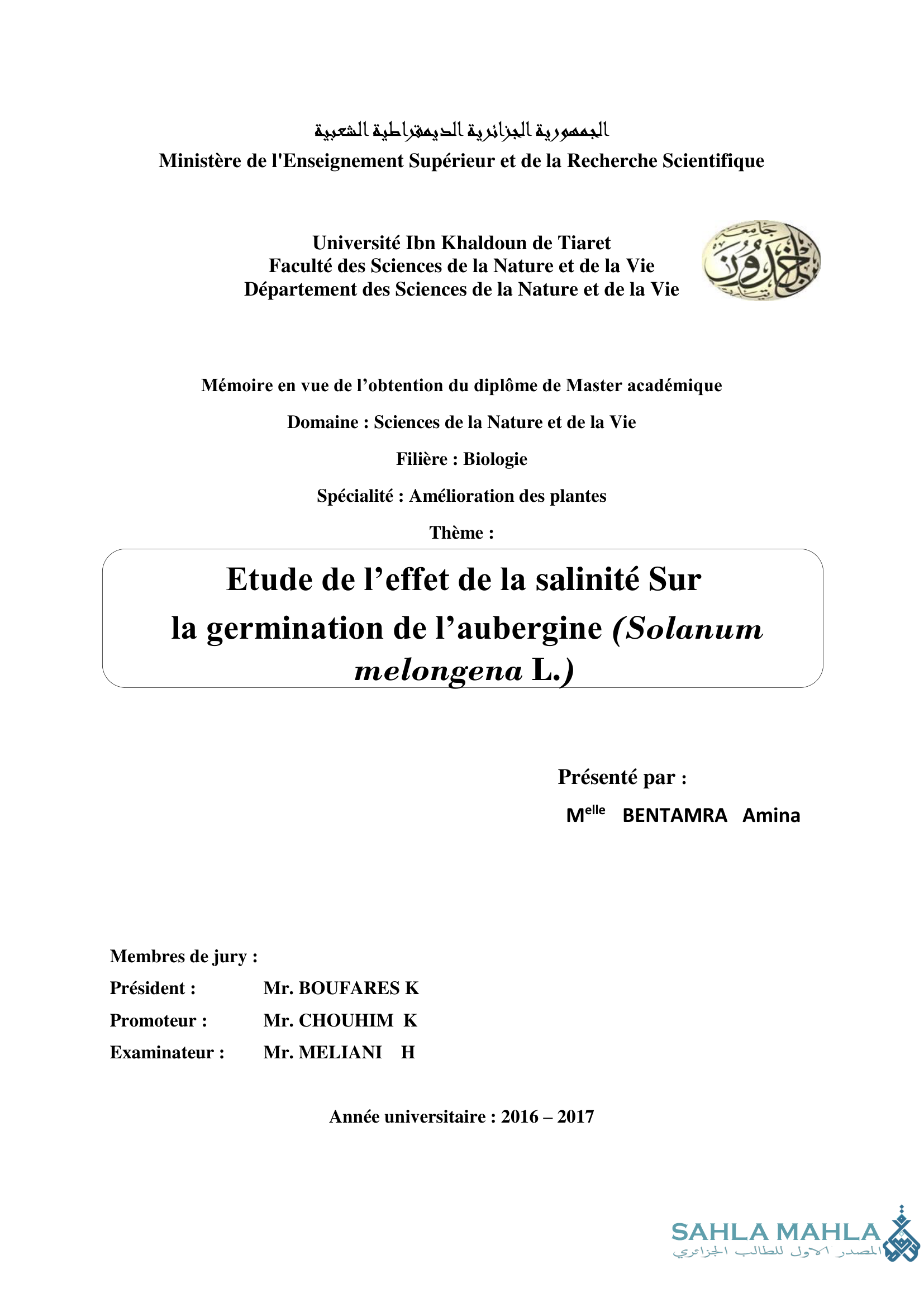 Etude de l'effet de la salinité Sur la germination de l'aubergine (Solanum melongena L.)