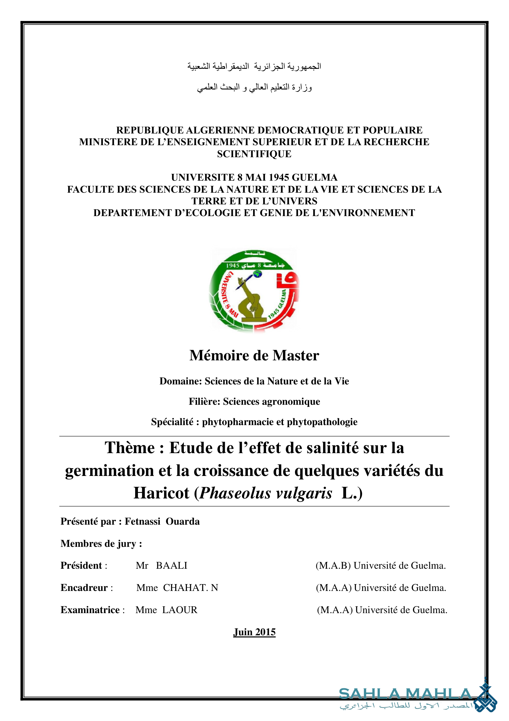 Etude de l'effet de salinité sur la germination et la croissance de quelques variétés du Haricot (Phaseolus vulgaris L.)