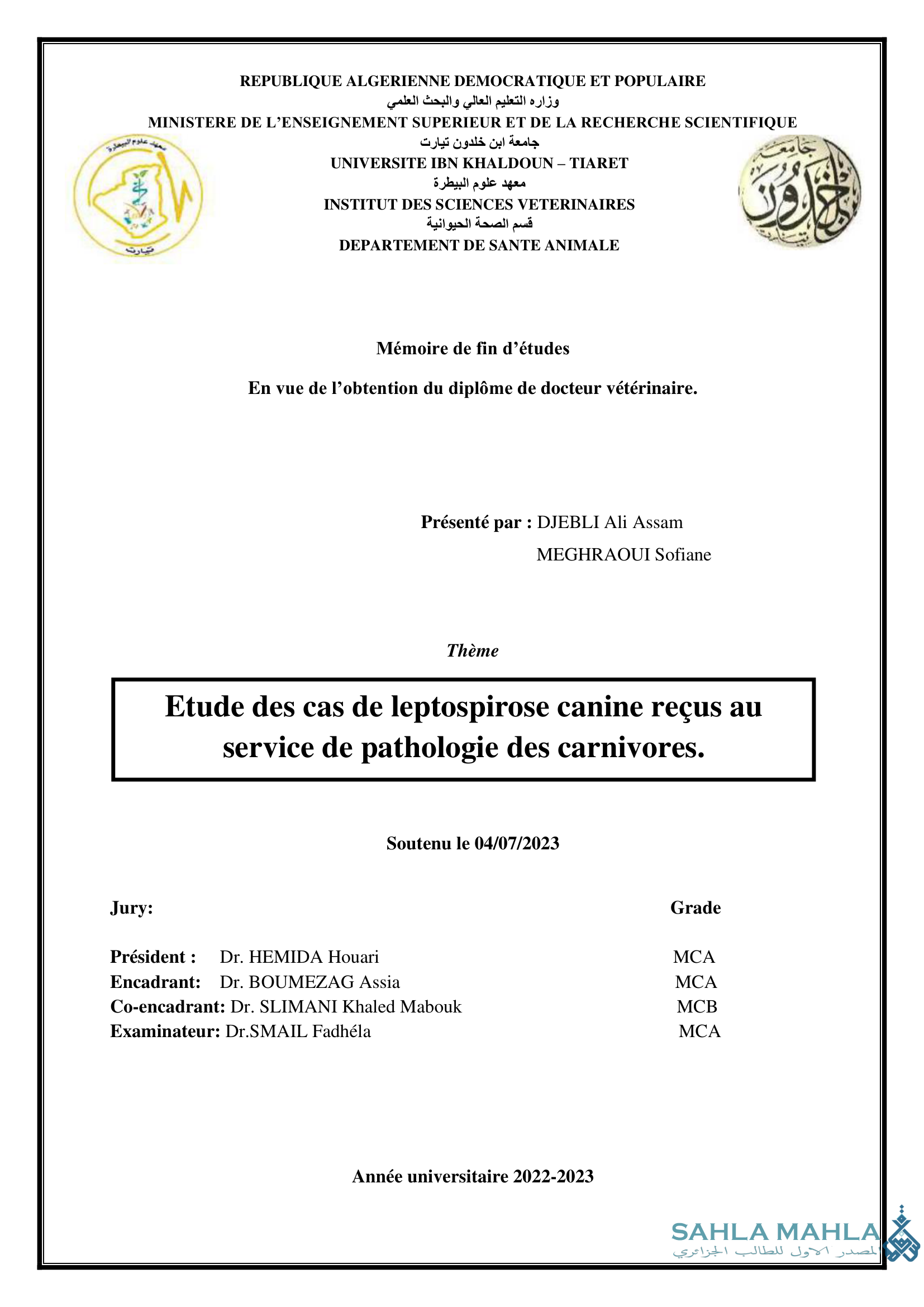Etude des cas de leptospirose canine reçus au service de pathologie des carnivores