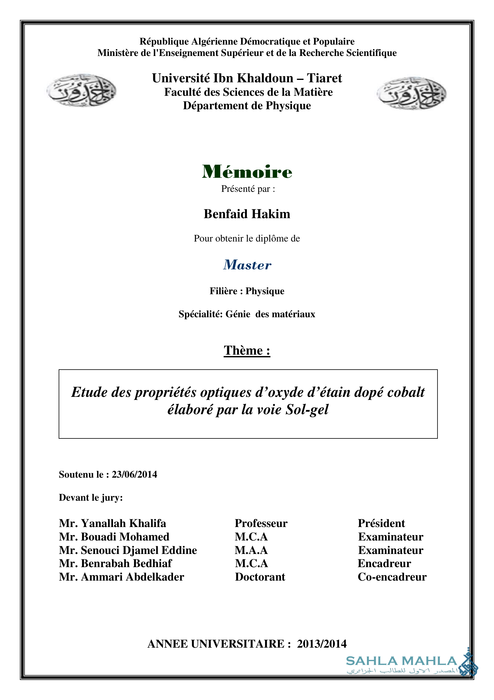 Etude des propriétés optiques d'oxyde d'étain dopé cobalt élaboré par la voie Sol-gel