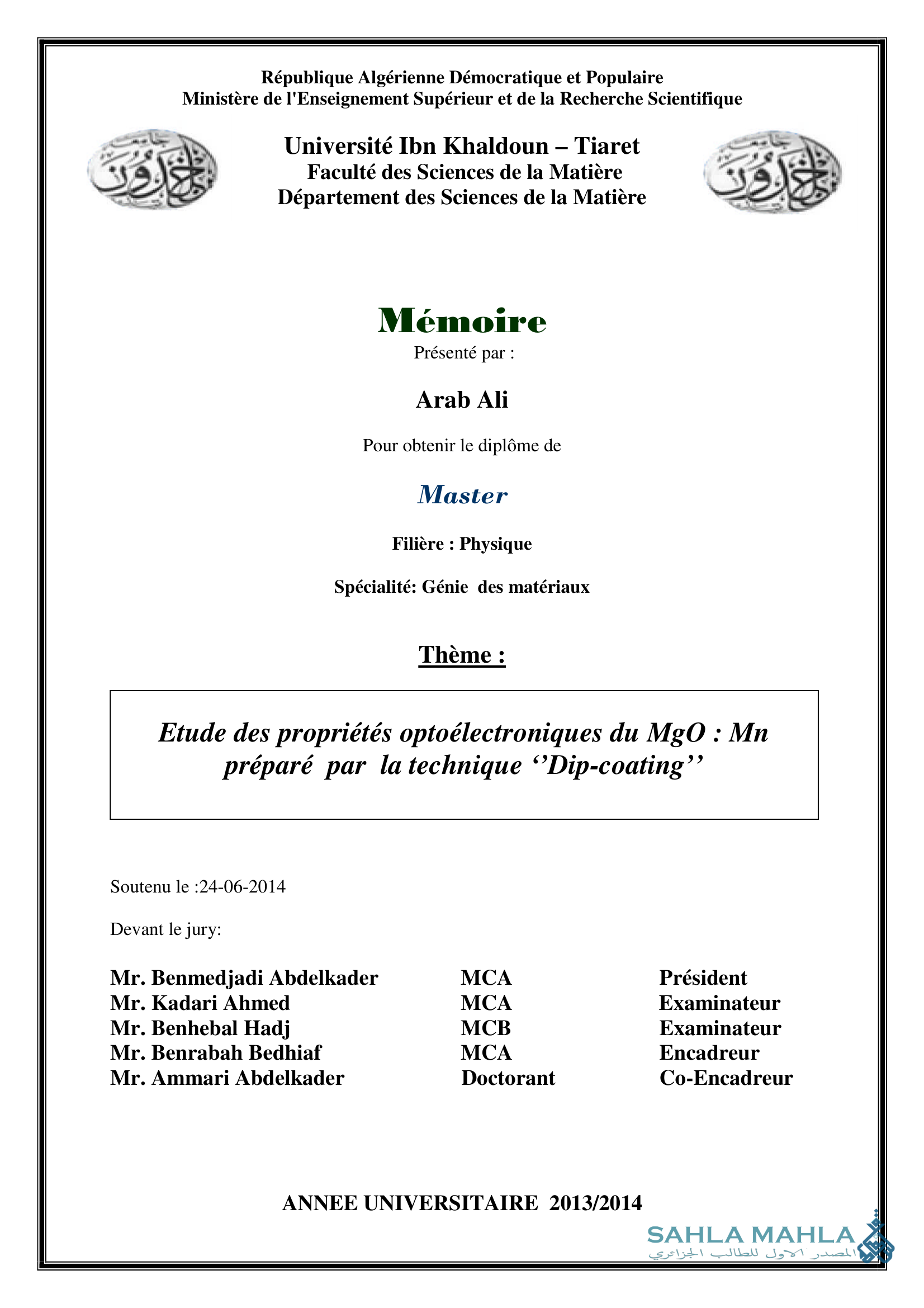 Etude des propriétés optoélectroniques du MgO : Mn préparé par la technique 