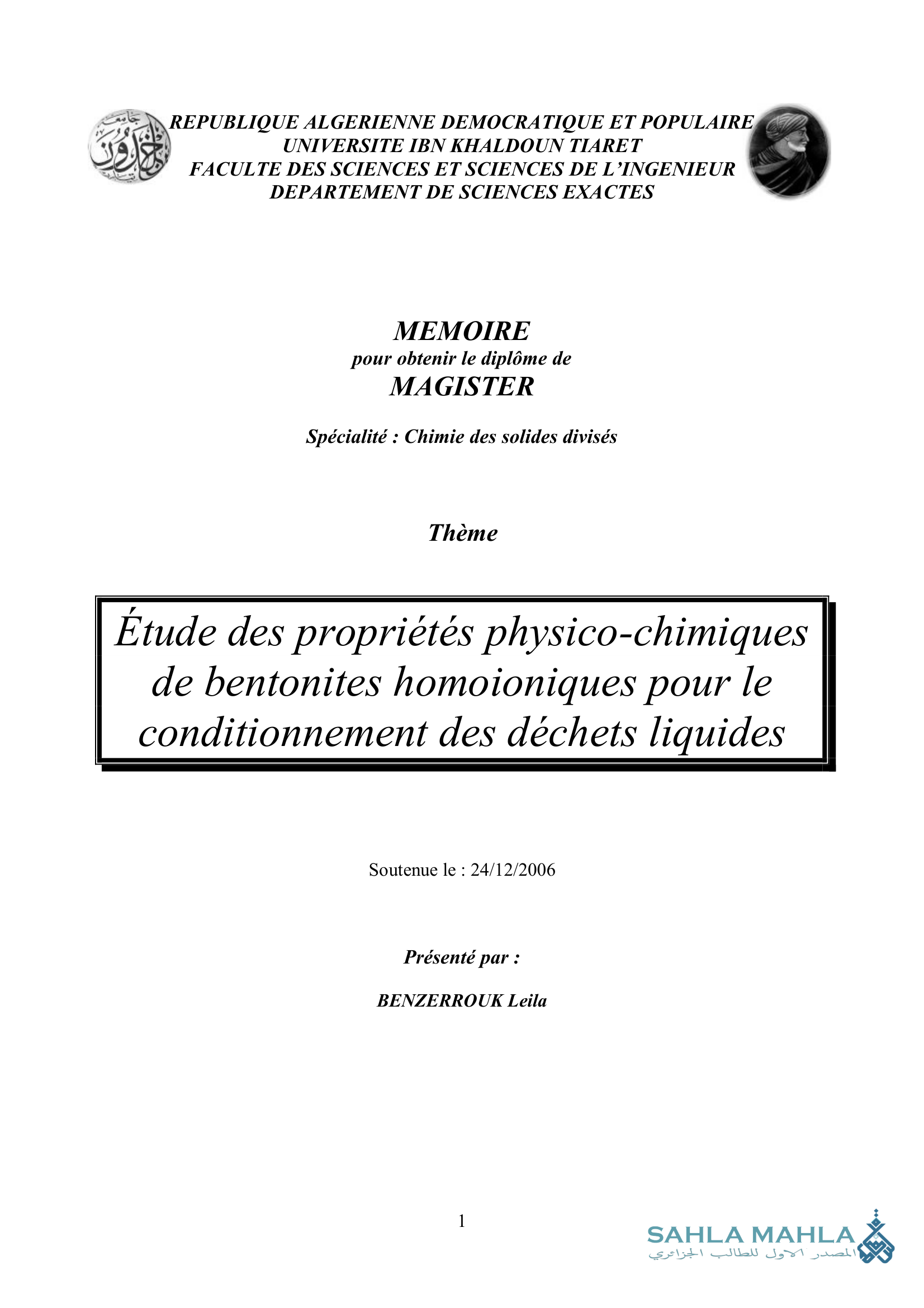 Étude des propriétés physico-chimiques de bentonites homoioniques pour le conditionnement des déchets liquides