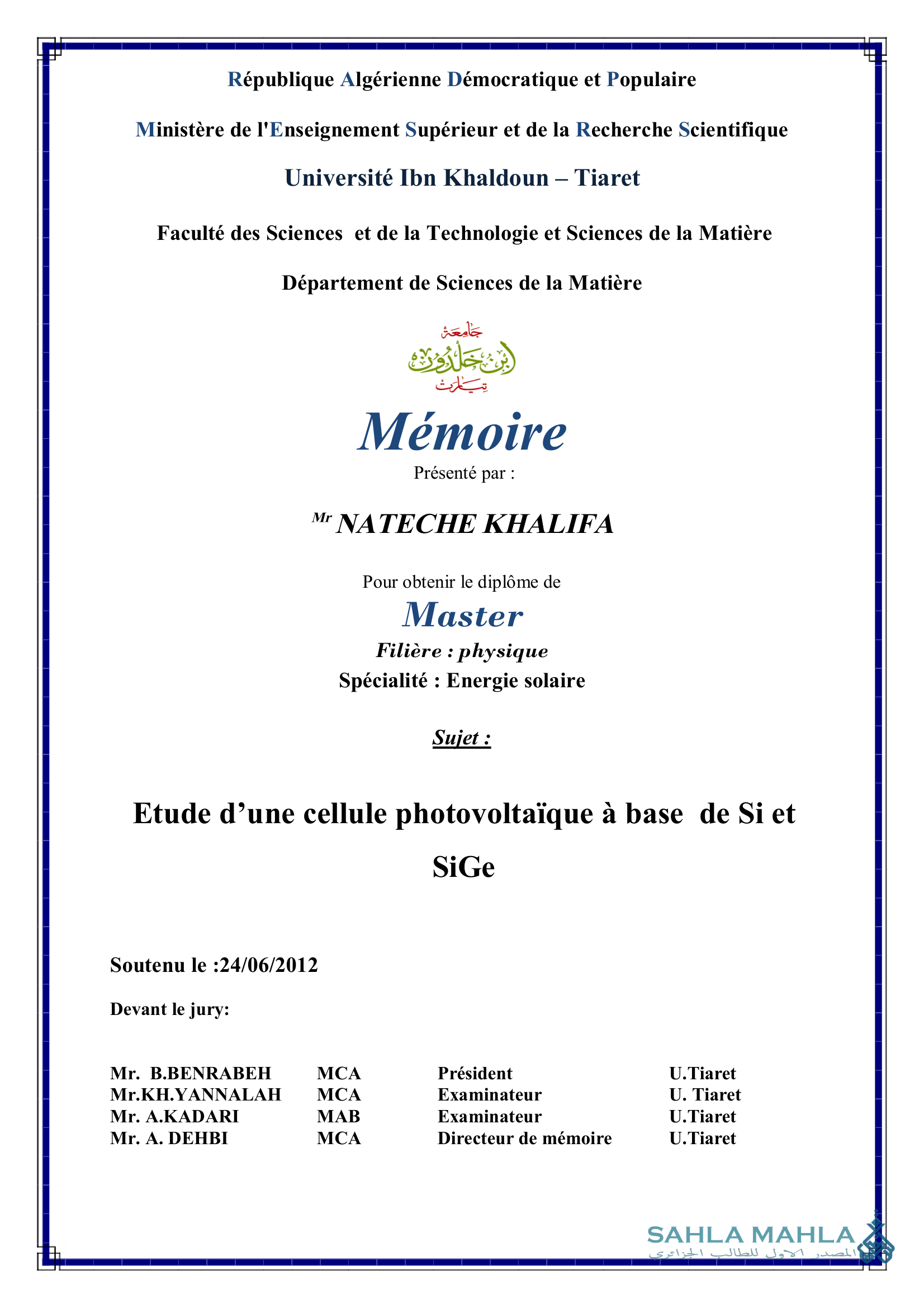 Etude d'une cellule photovoltaïque à base de Si et SiGe