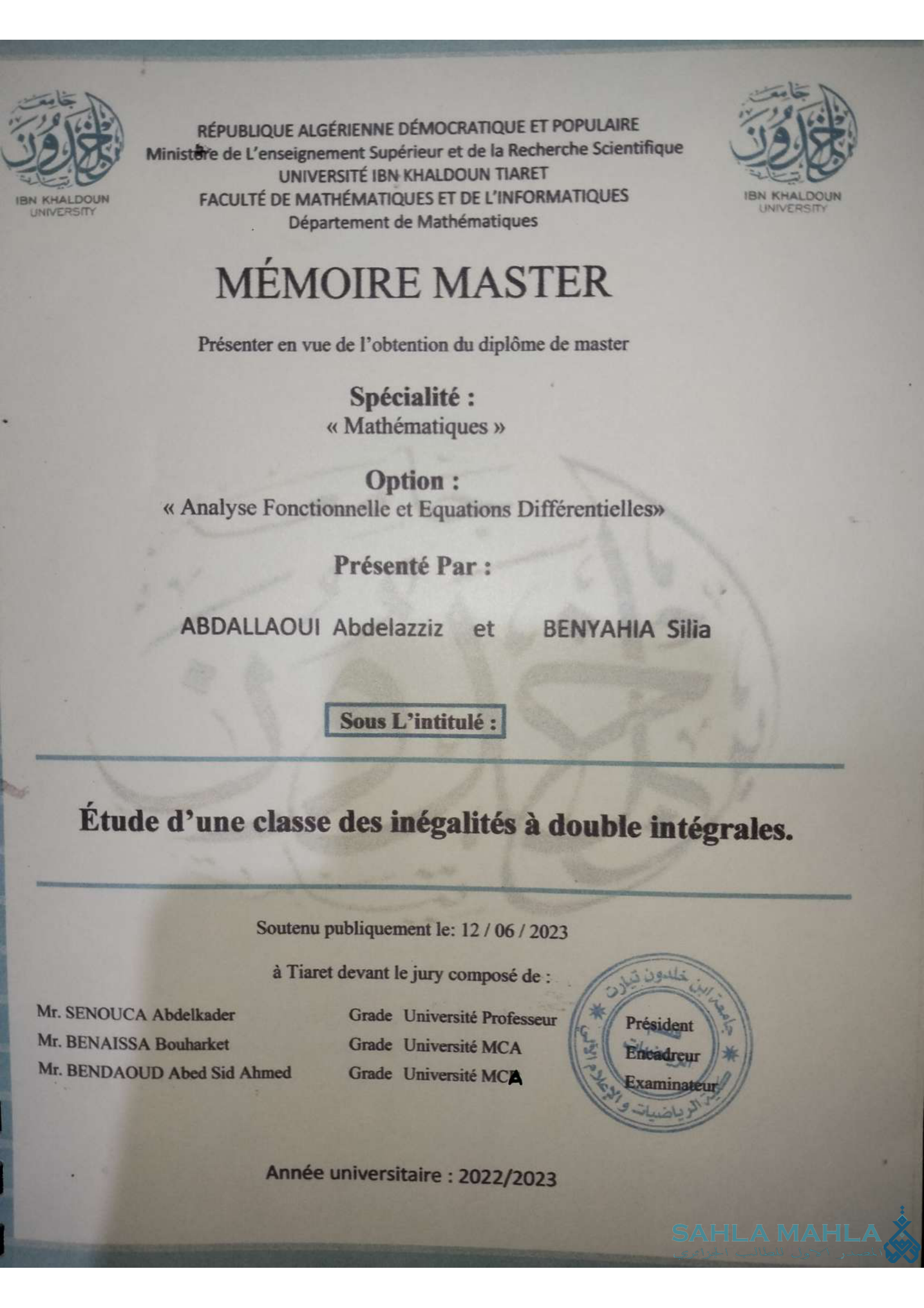 Étude d'une classe des inégalités à double intégrales.