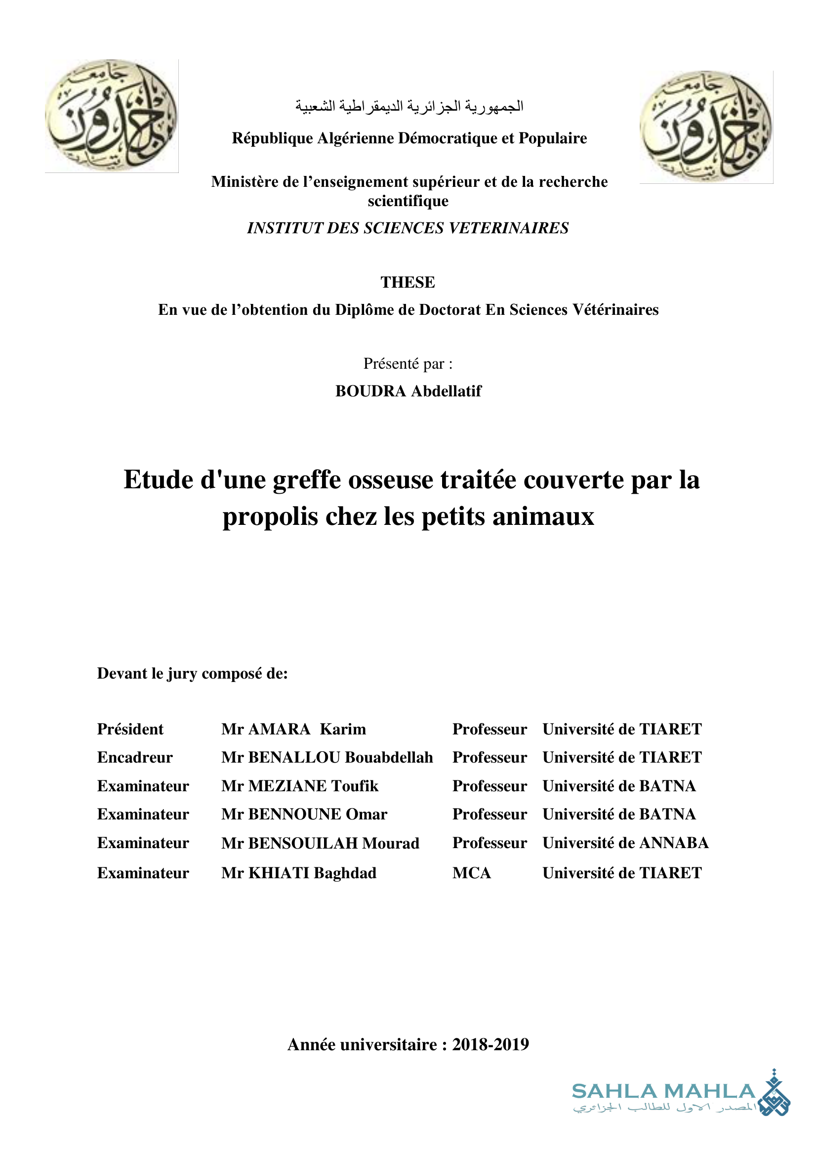 Etude d'une greffe osseuse traitée couverte par la propolis chez les petits animaux