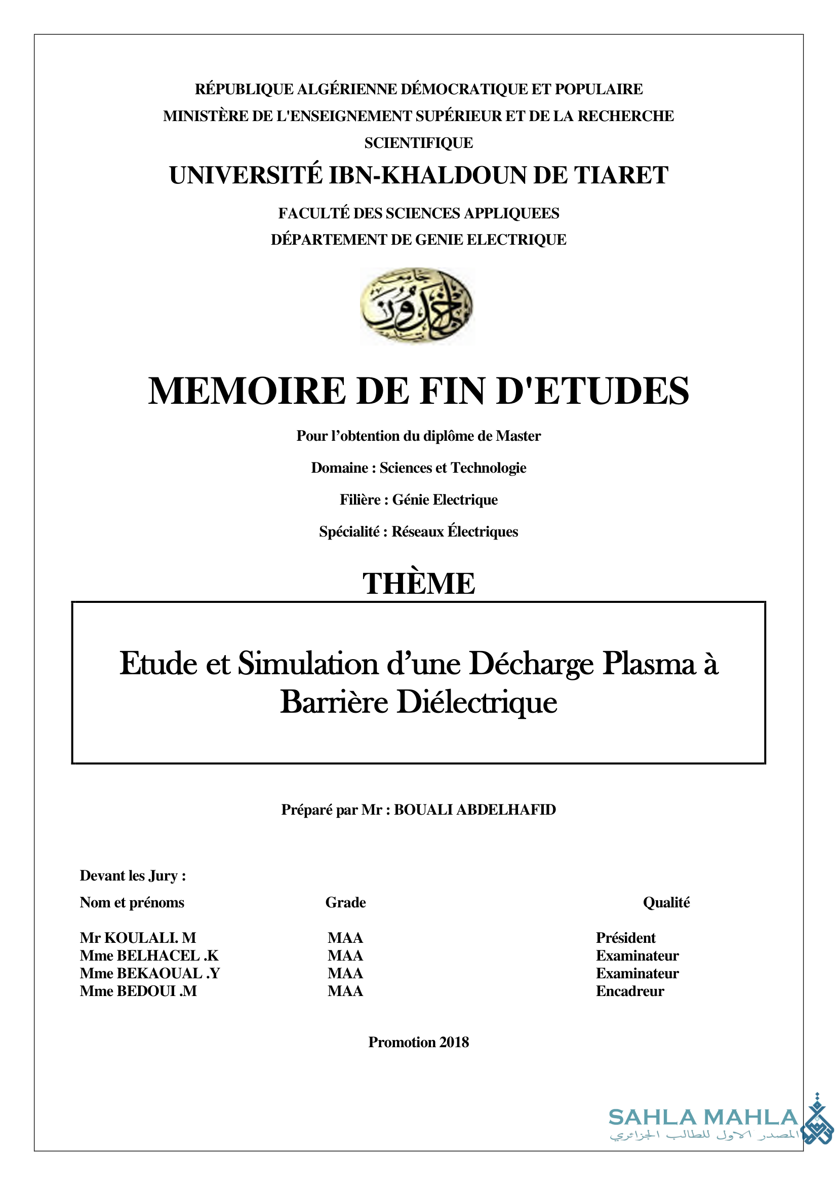 Etude et Simulation d'une Décharge Plasma à Barrière Diélectrique