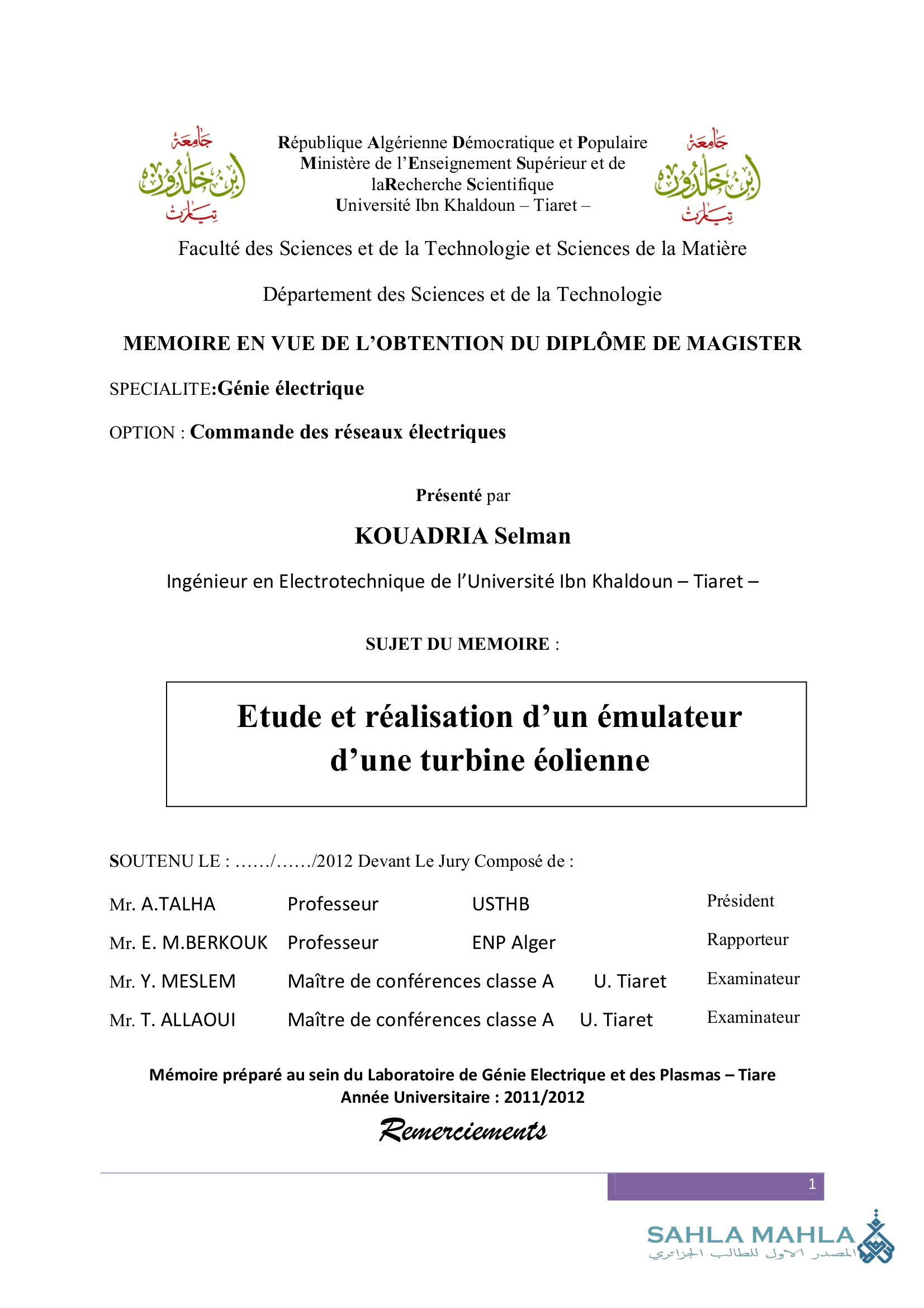 Etude et réalisation d'un émulateur d'une turbine éolienne