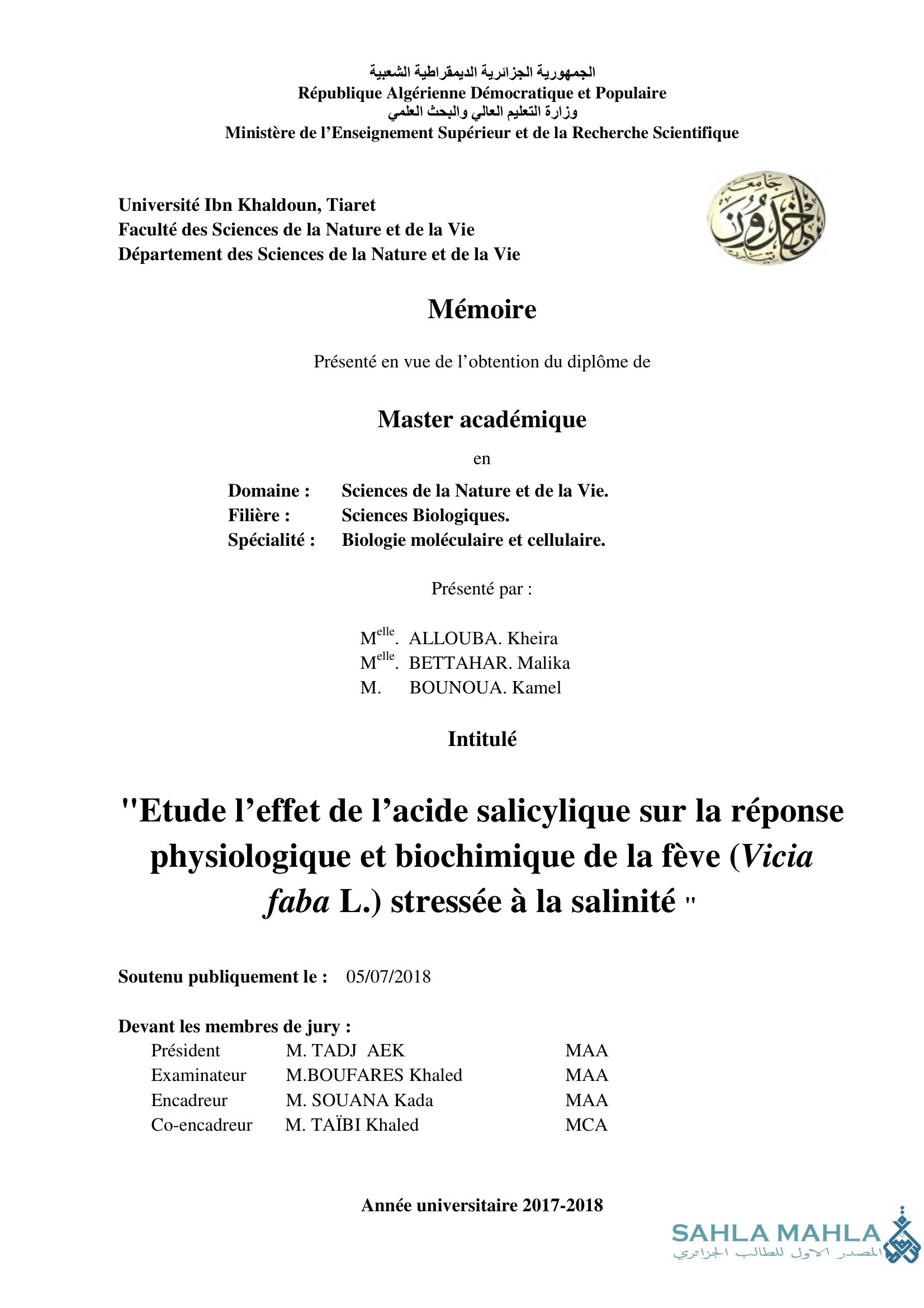 Etude l'effet de l'acide salicylique sur la réponse physiologique et biochimique de la fève (Vicia faba L.) stressée à la salinité