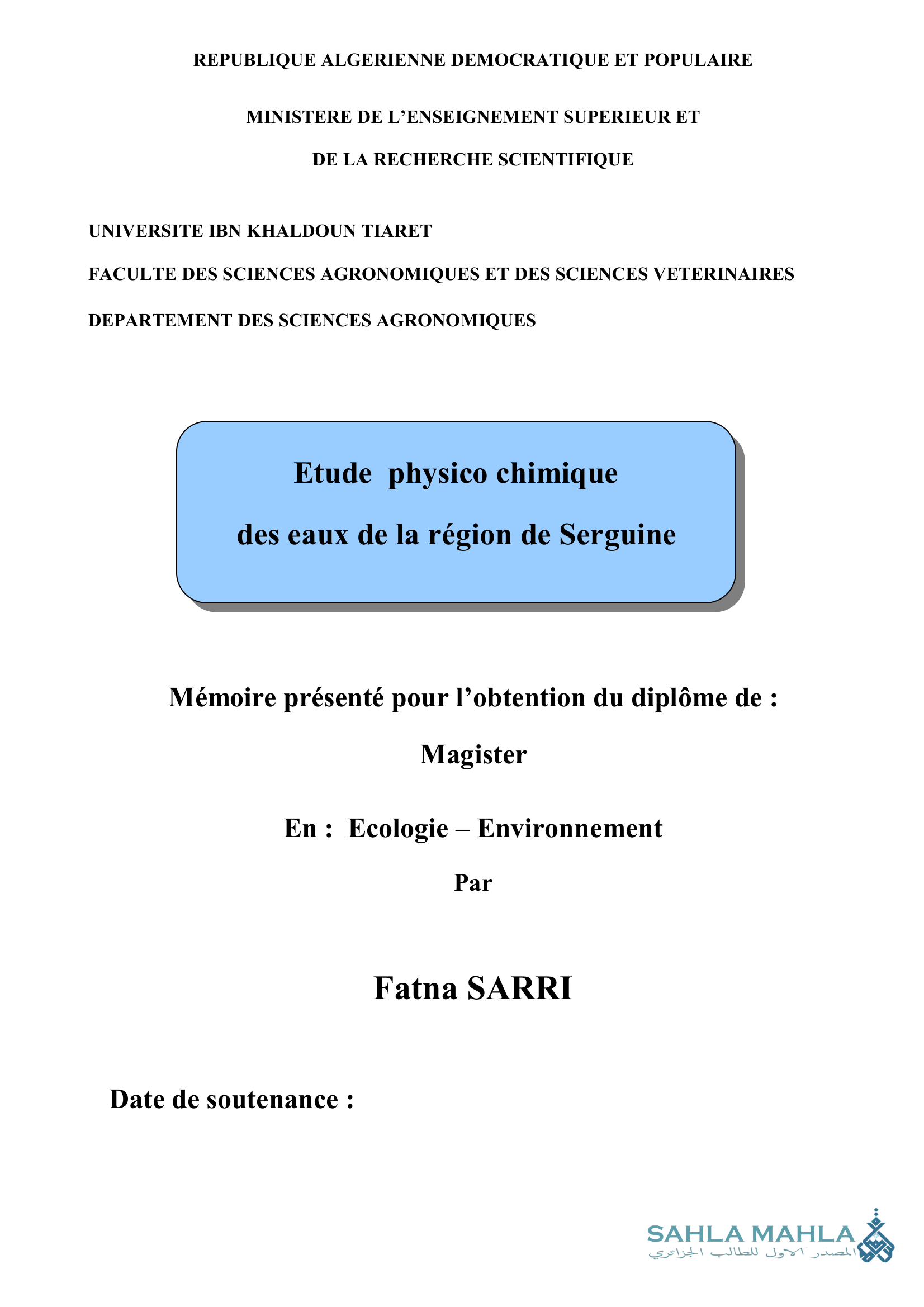 Etude physico chimique des eaux de la région de Serguine