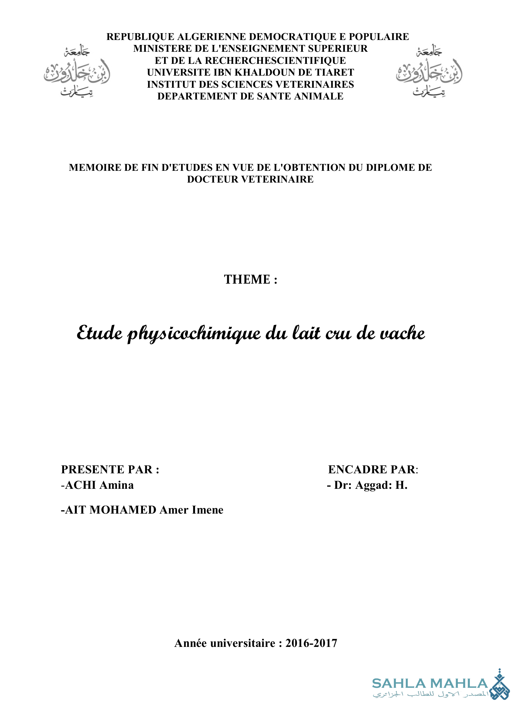 Etude physicochimique du lait cru de vache