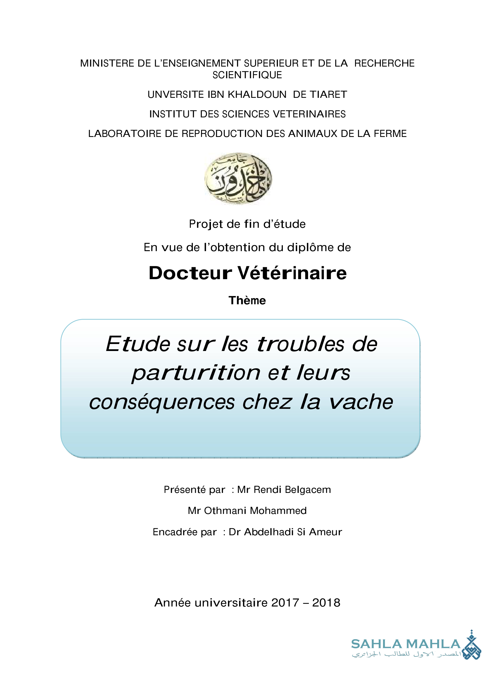 Etude sur les troubles de parturition et leurs conséquences chez la vache