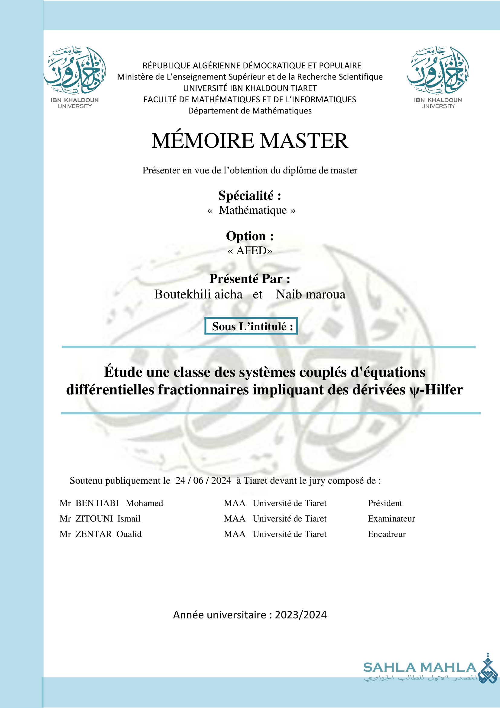 Étude une classe des systèmes couplés d'équations différentielles fractionnaires impliquant des dérivées y-Hilfer