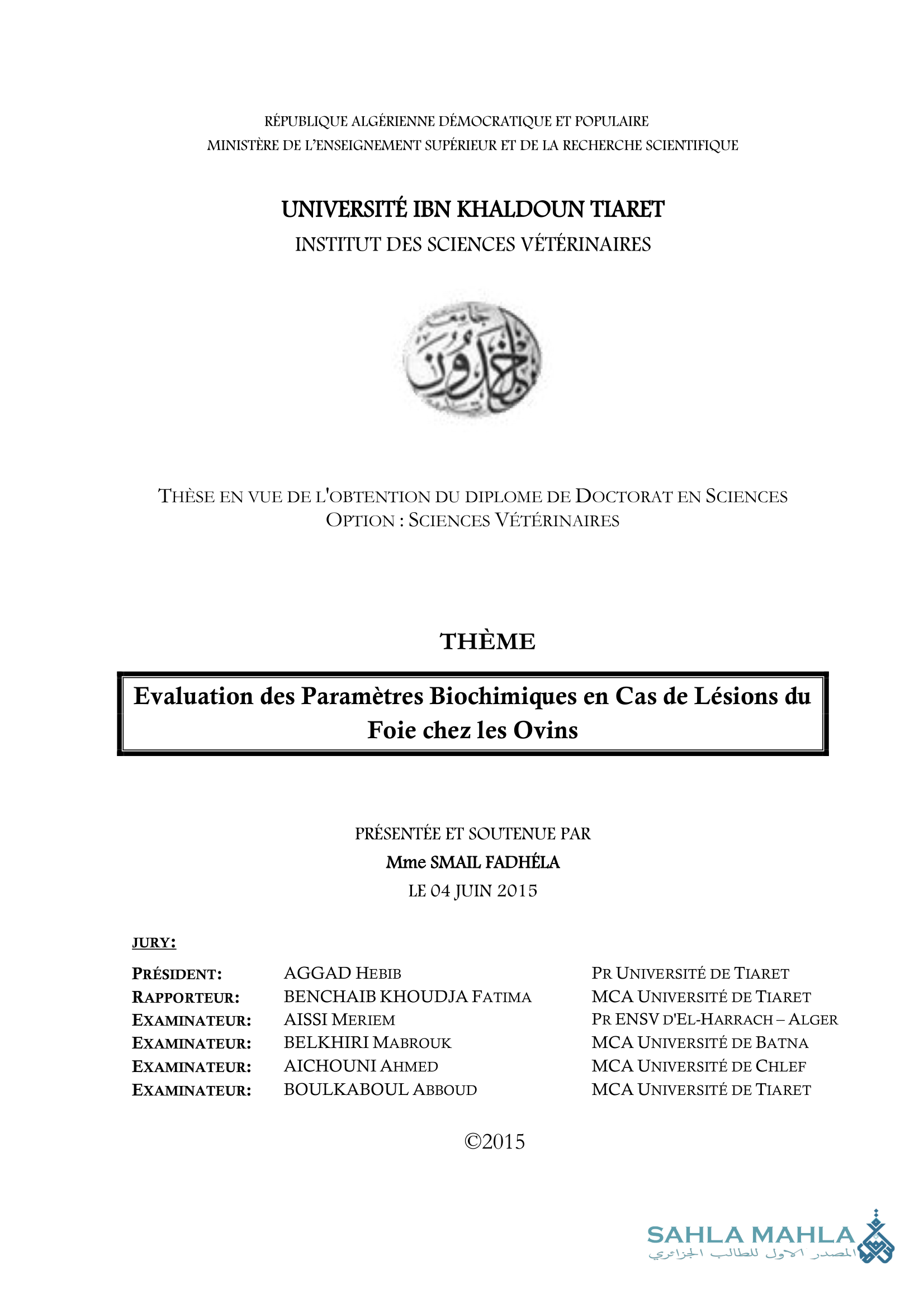 Evaluation des Paramètres Biochimiques en Cas de Lésions du Foie chez les Ovins