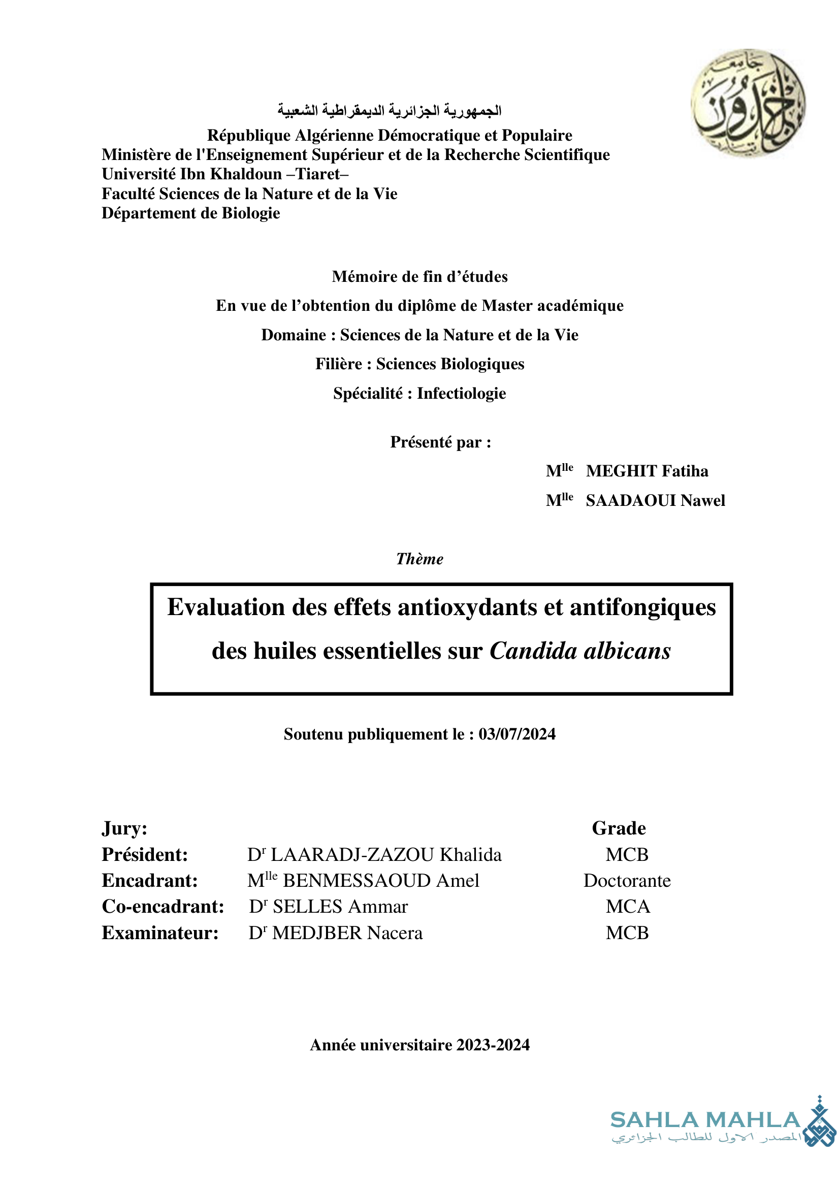 Evaluation des effets antioxydants et antifongiques des huiles essentielles sur Candida albicans