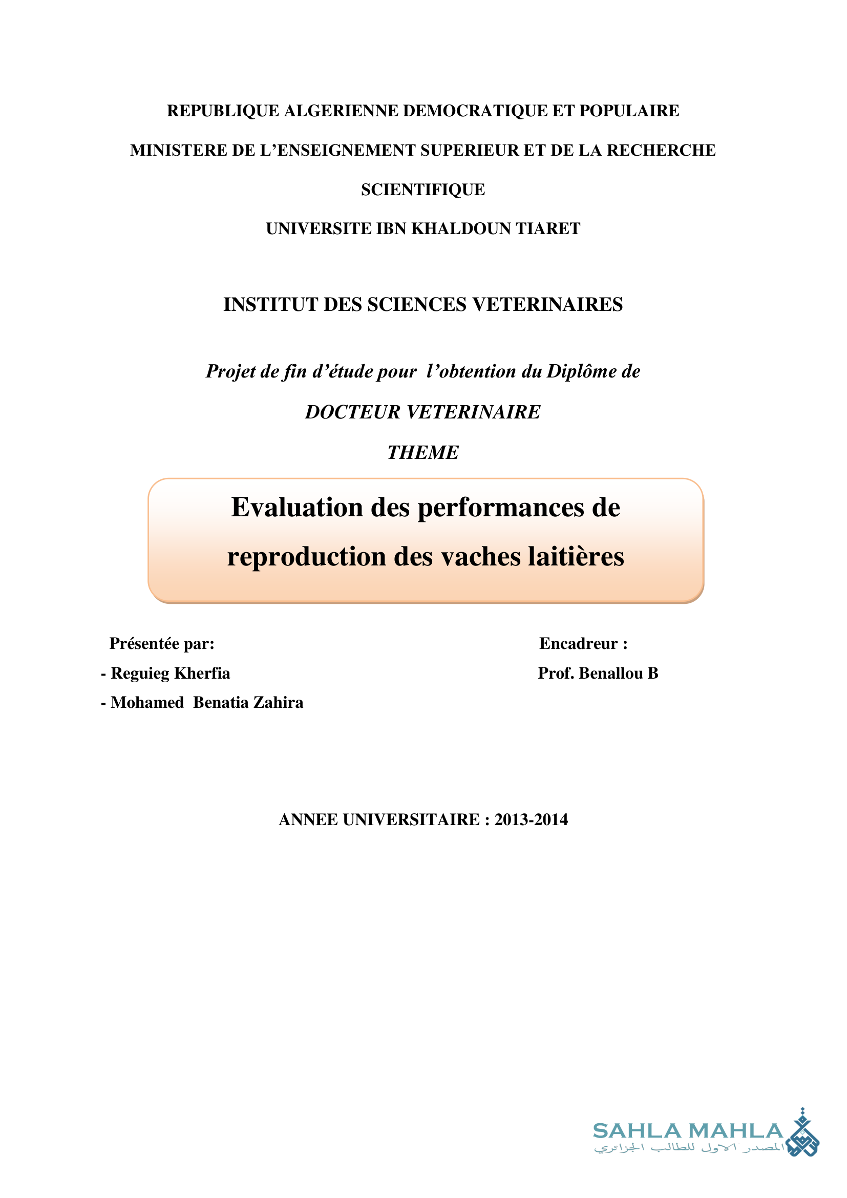 Evaluation des performances de reproduction des vaches laitières