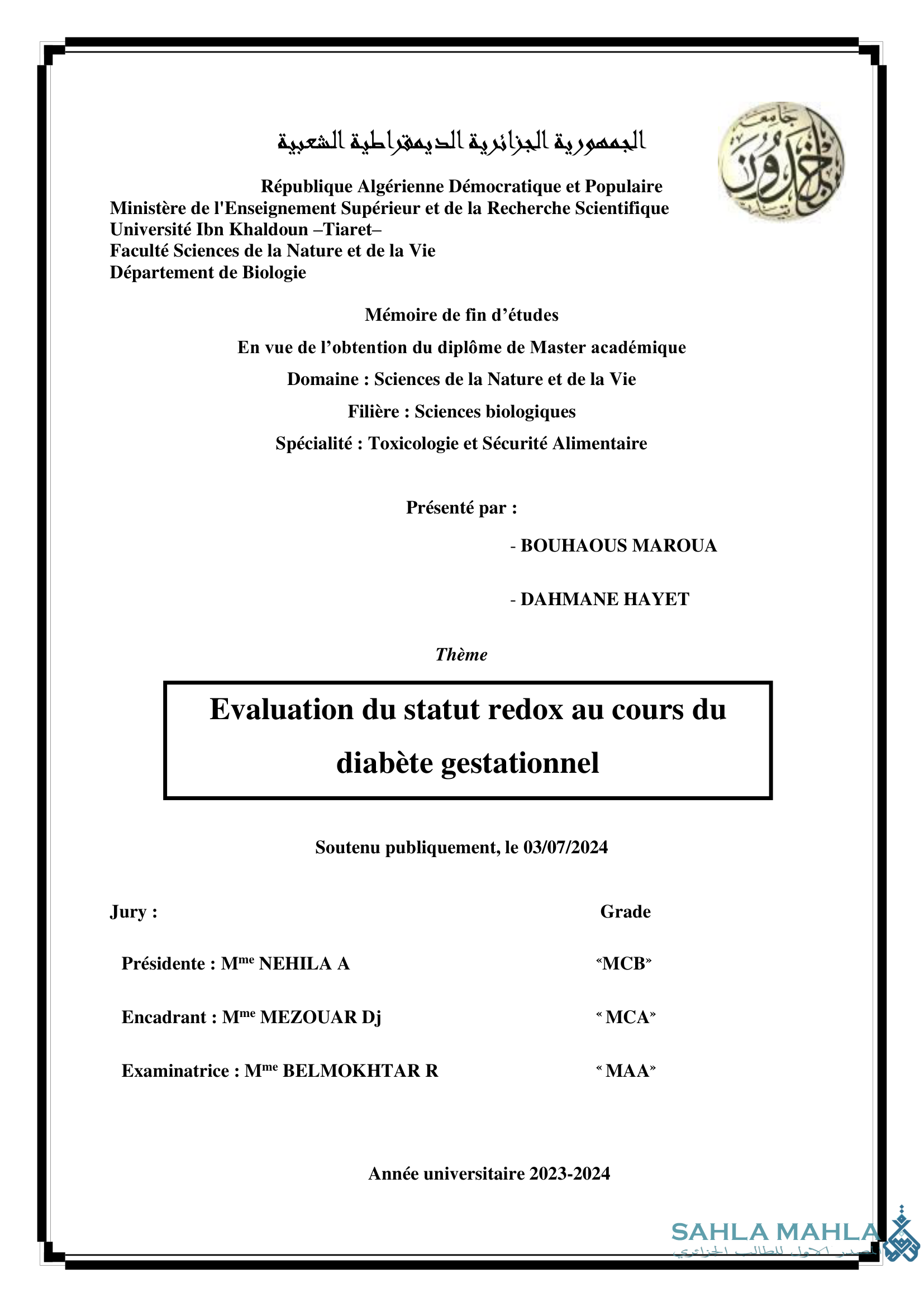 Evaluation du statut redox au cours du diabète gestationnel