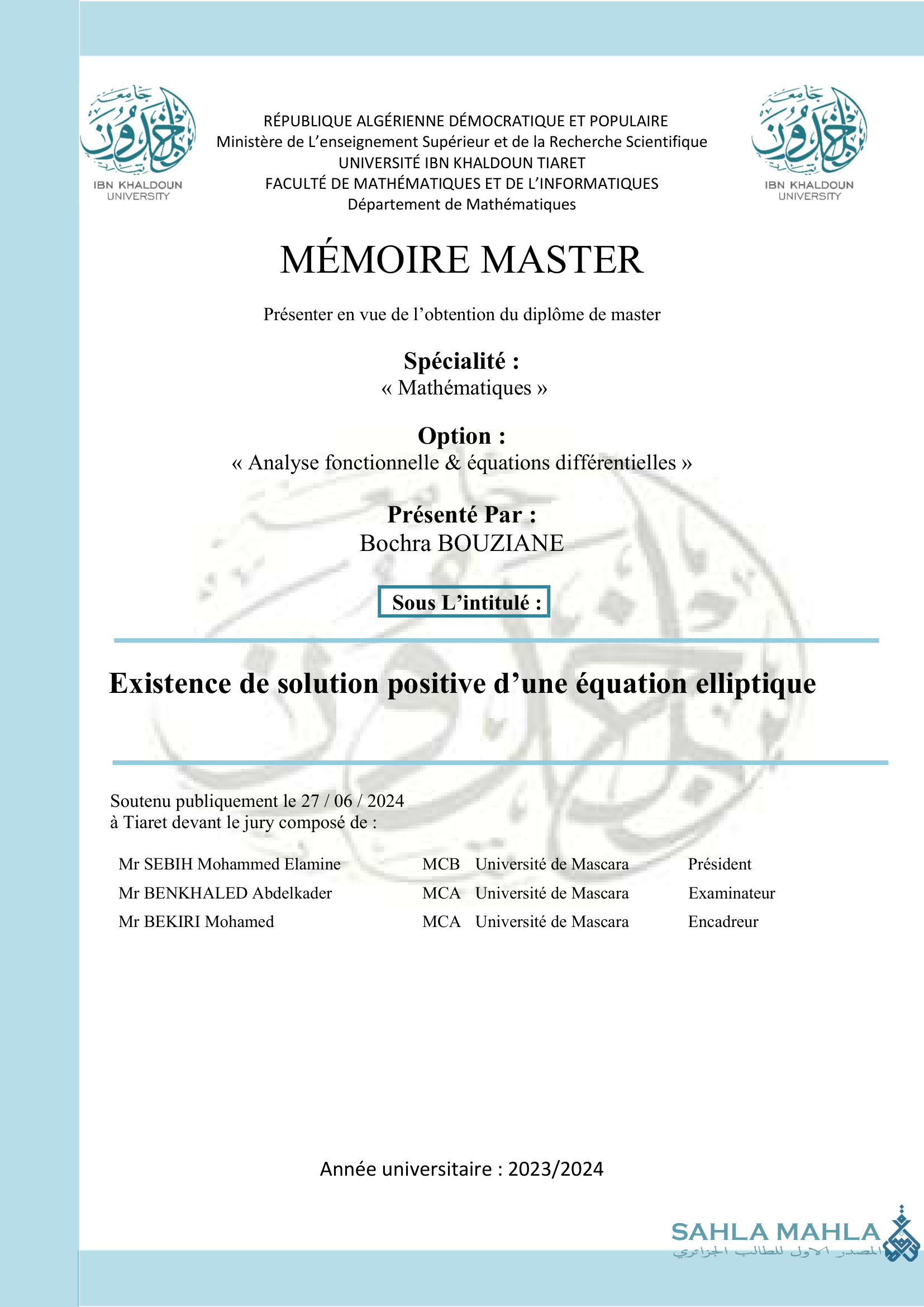 Existence de solution positive d'une équation elliptique