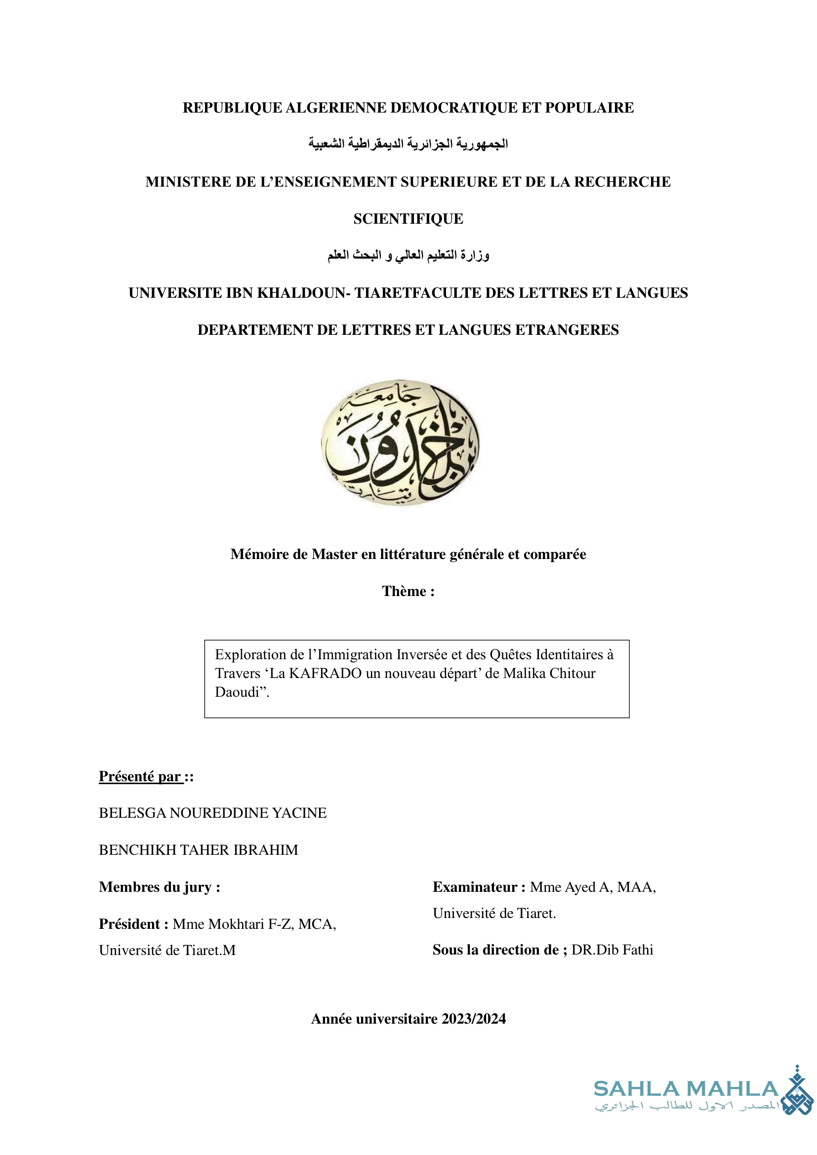 Exploration de l'Immigration Inversée et des Quêtes Identitaires à Travers 'La KAFRADO un nouveau départ' de Malika Chitour Daoudi