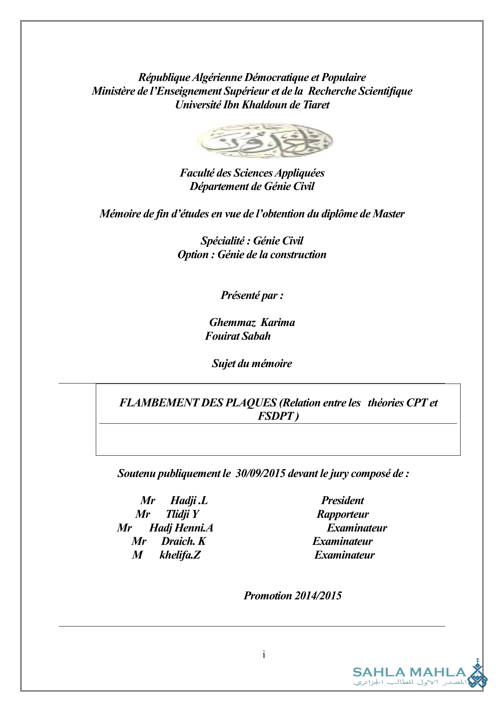 FLAMBEMENT DES PLAQUES (Relation entre les théories CPT et FSDPT)