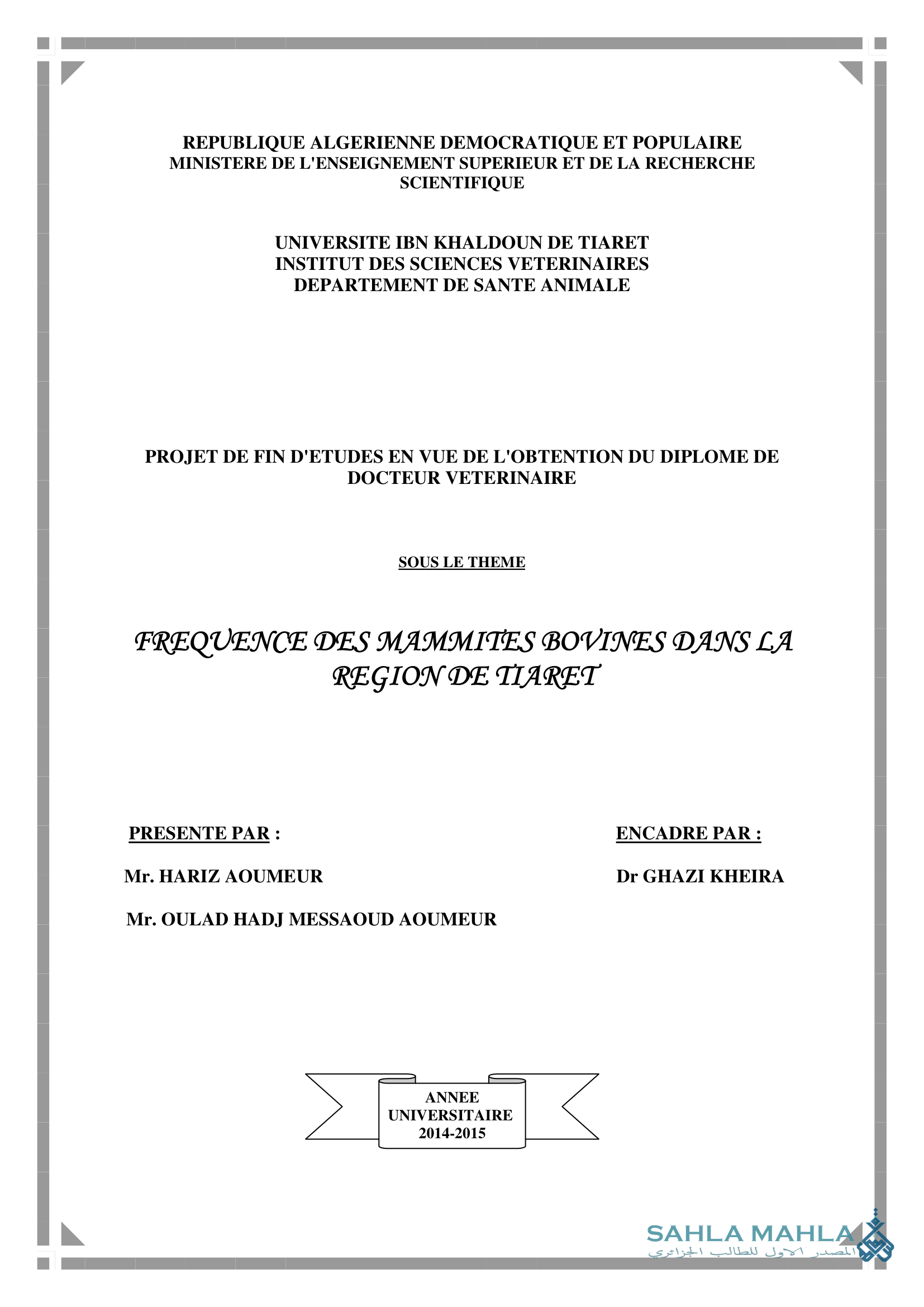 FREQUENCE DES MAMMITES BOVINES DANS LA REGION DE TIARET