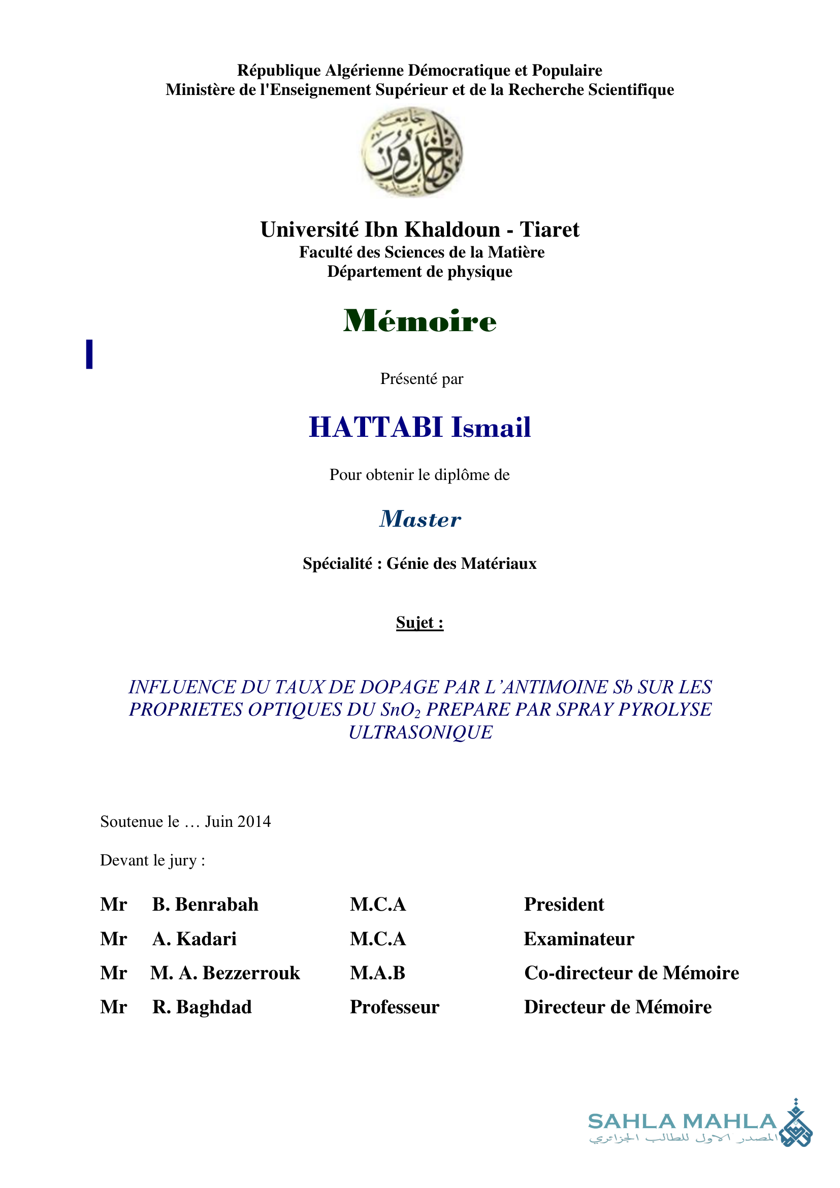 INFLUENCE DU TAUX DE DOPAGE PAR L'ANTIMOINE Sb SUR LES PROPRIETES OPTIQUES DU SnO2 PREPARE PAR SPRAY PYROLYSE ULTRASONIQUE