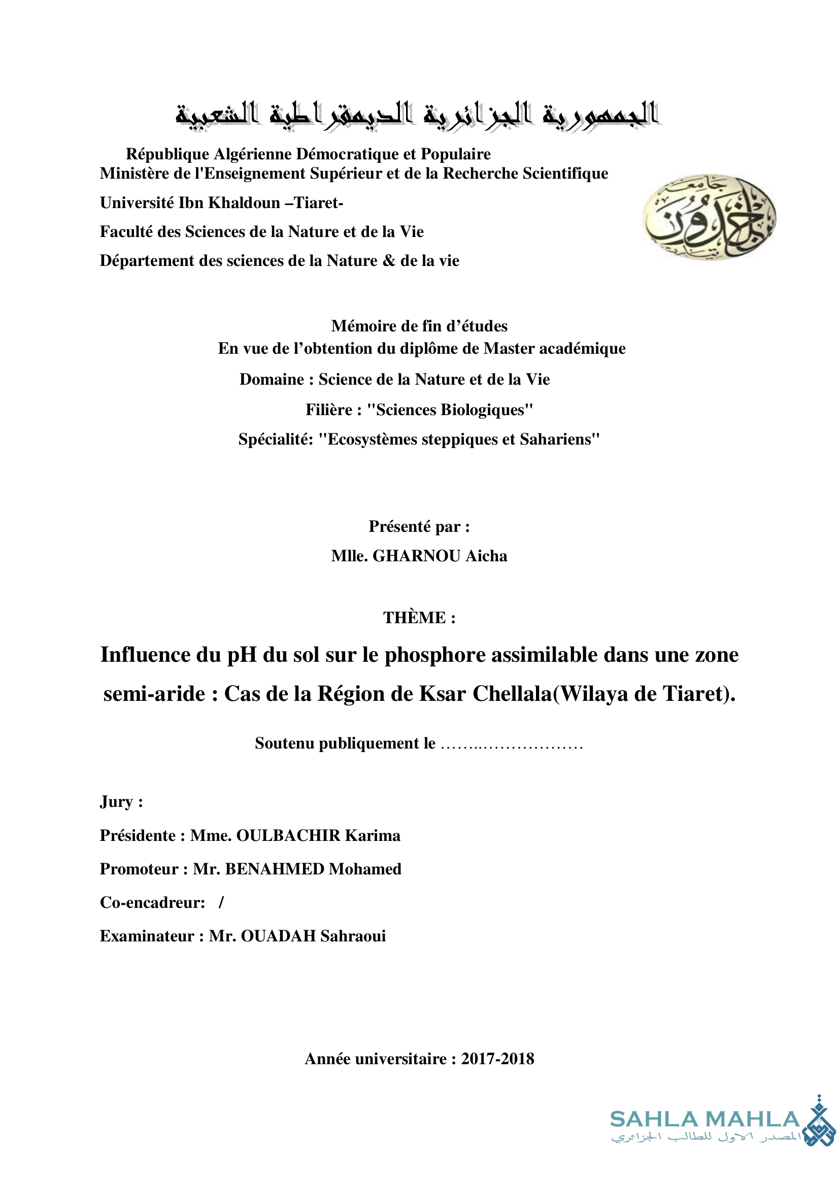 Influence du pH du sol sur le phosphore assimilable dans une zone semi-aride: Cas de la Région de Ksar Chellala(Wilaya de Tiaret).
