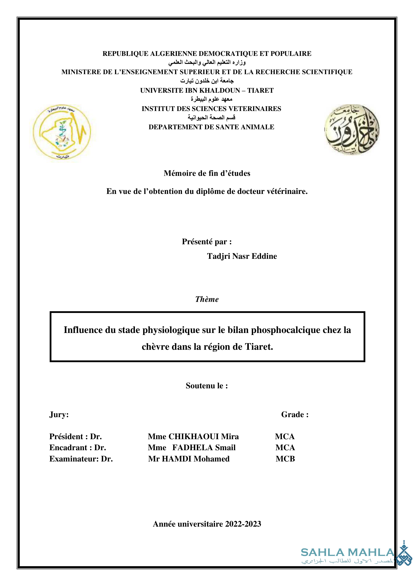Influence du stade physiologique sur le bilan phosphocalcique chez la chèvre dans la région de Tiaret.